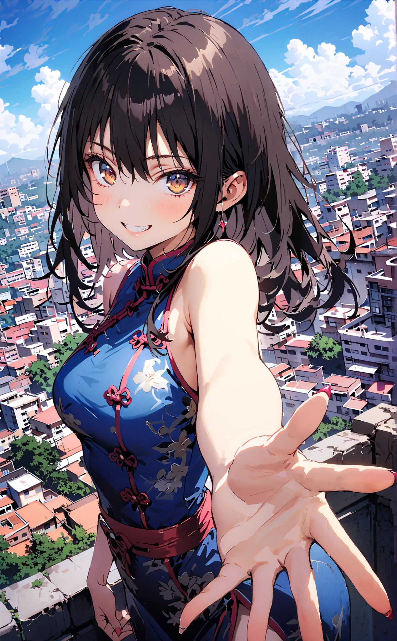 Yukina Himeragi, short hair, black hair,  brown eyes,Alone,smile, grin ,Medium breast,Sleeveless blue Chinese clothes ,  blue long slit , pin heels, putting one hand on the waist , angle from below, is standing,whole bodyがイラストに入るように,                                                           break outdoors, Chinese cityscape ,
break looking at viewer,whole body,
break ( Masterpiece:1.2), top quality , kampala, Unity 8k Wallpaper,(shape:0.8),(  fine, beautiful eyes  :1.6),It's a person ,whole body写真,CG Details , ( perfect hands, Complete Anatomy),