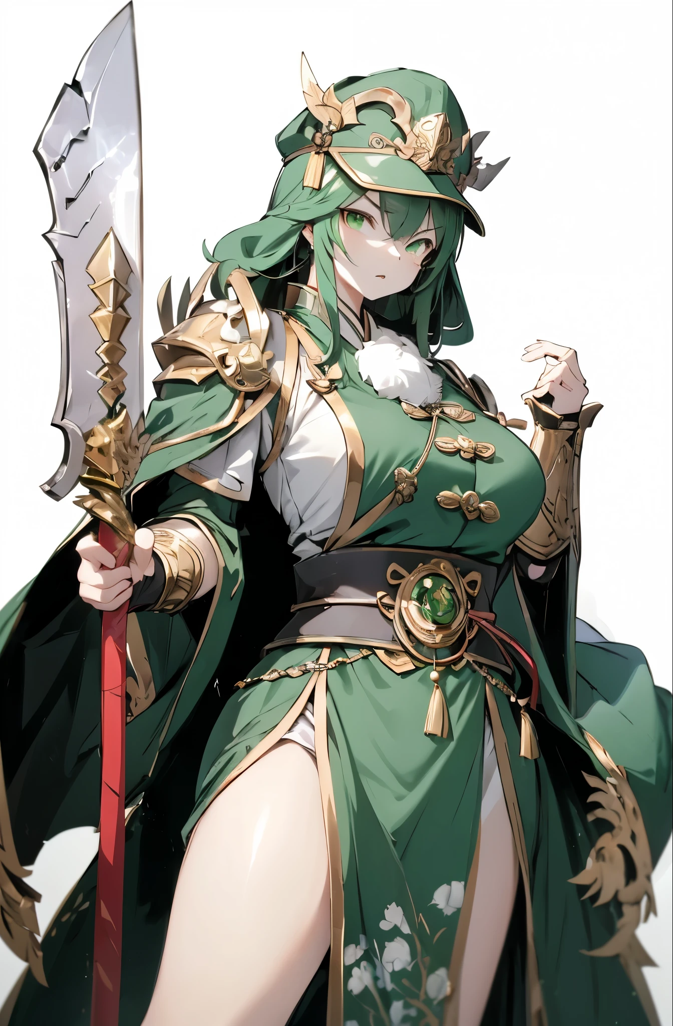 Guan Yu,Ancient Chinese Girls, big breasted girl,巨胸女孩, thick thighs , Fleshy Thighs , tall, is expressionless ,serious认真,indifferent威严,Contempt,Contempt,arrogant,indifferent,Cool,green official hat,Green Chinese robe ,serious,Majestic expression,Green Dragon Crescent Moon Blade,Long-handled knives,手持Long-handled knives, standing with a long-handled weapon