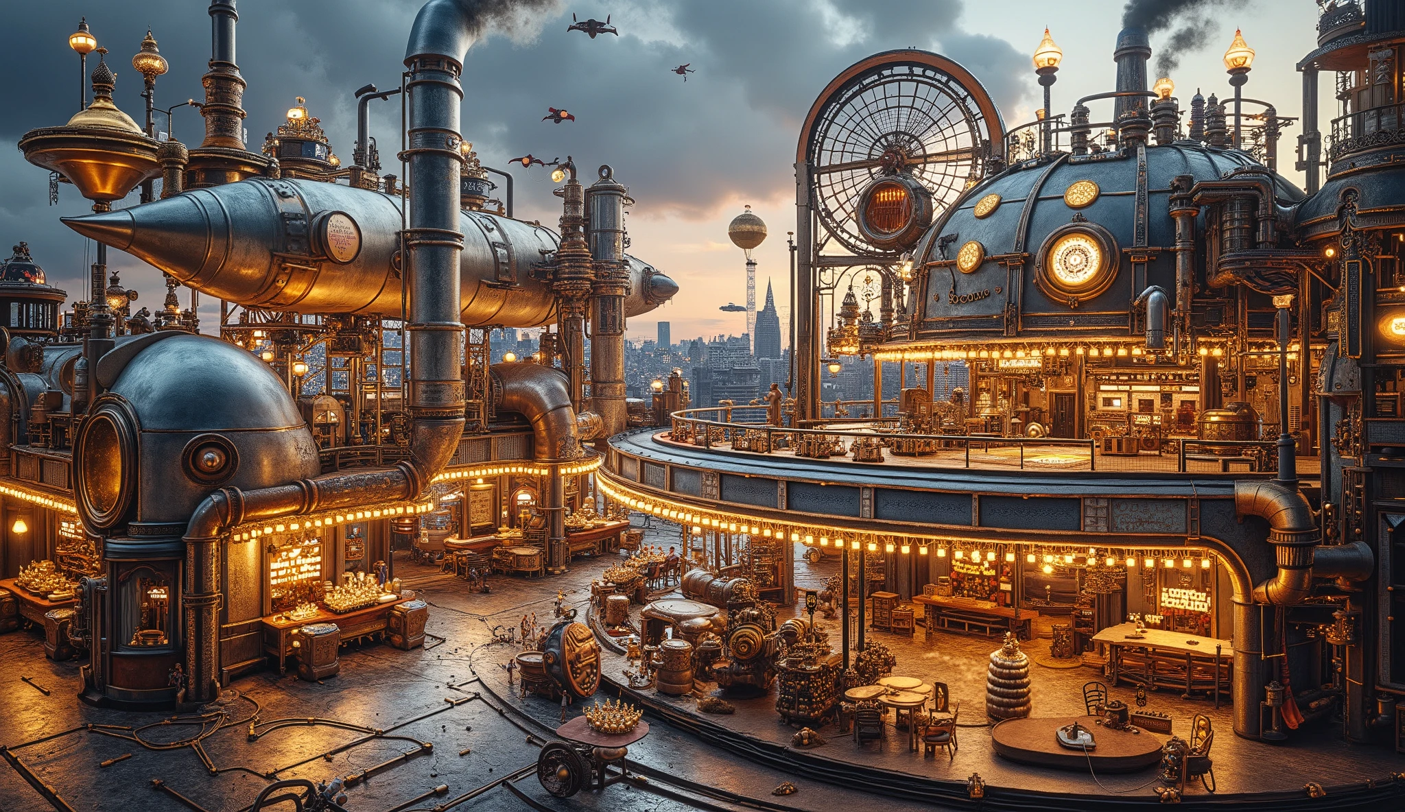 A grand steampunk arena set within a sprawling cityscape, glowing with radiant gold and silver tones. The arena is constructed from polished silver and adorned with intricate brass details, illuminated by glowing neon lights and steam-powered lanterns. Airships drift lazily in the sky above, their golden hulls reflecting the city's brilliance. Steam rises from pipes and smokestacks, creating a swirling mist that adds depth and mystery to the scene. Cinematic lighting highlights the luxurious textures and metallic details of the architecture, resulting in a highly detailed and immersive retro-futuristic environment.