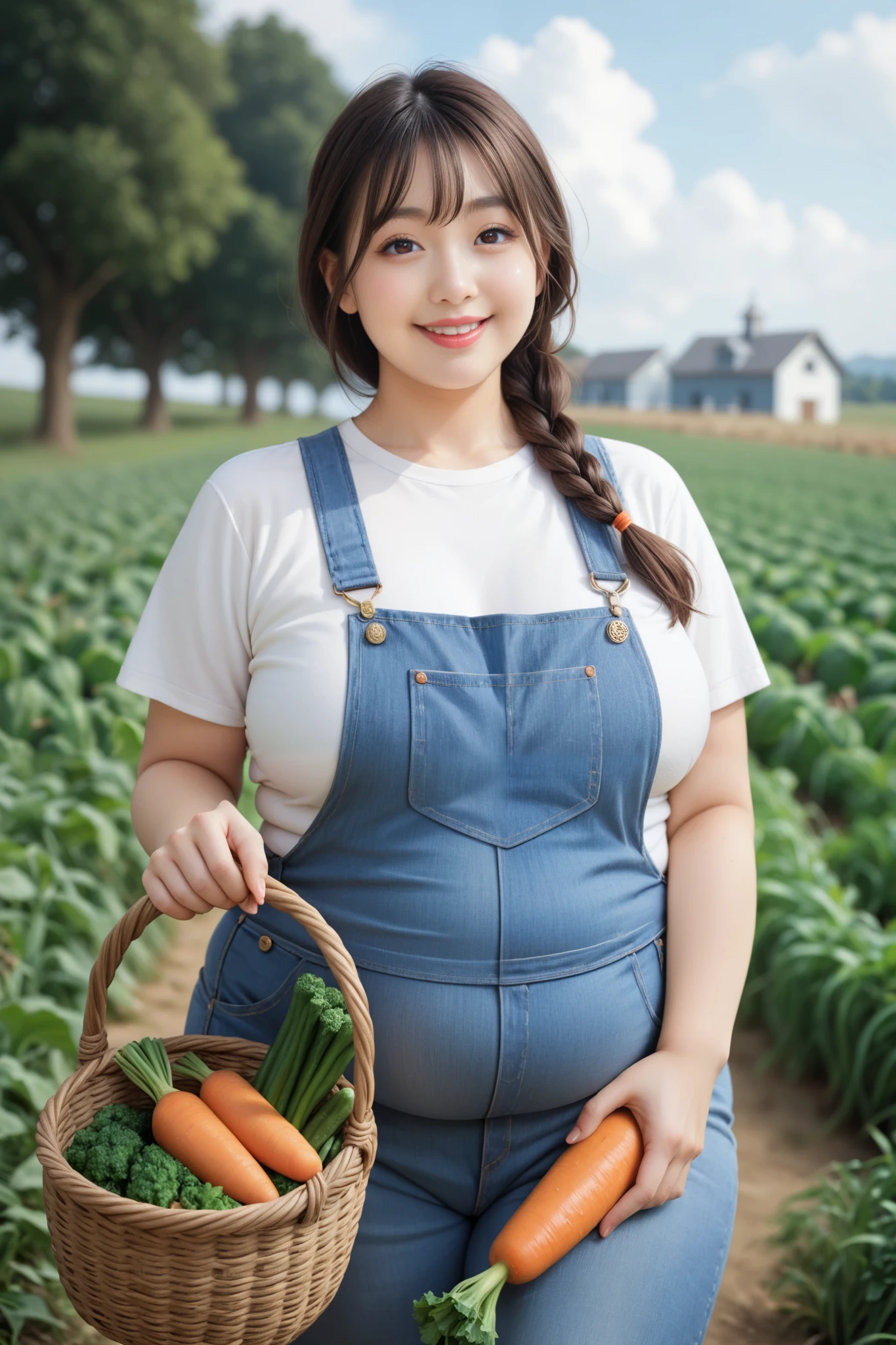 Very detailed, detailed, best quality, super high resolution, highest resolution, 50 year old Japanese woman, happy smiling face, detailed facial depiction, detailed eye depiction, wide open eyes, cute double eyelids, thick lips, black hair, black pupils, flabby stomach, saggy breasts, (((big breasts, chubby woman))), A middle-aged woman wearing a white t-shirt under denim overalls is holding a basket full of freshly picked carrots, spinach and cucumbers in both hands, standing in the middle of a vegetable field under a clear blue sky, a vast vegetable field filled with carrots and cabbages, a Japanese-style farm building in the distance, braided hair, looking at the viewer