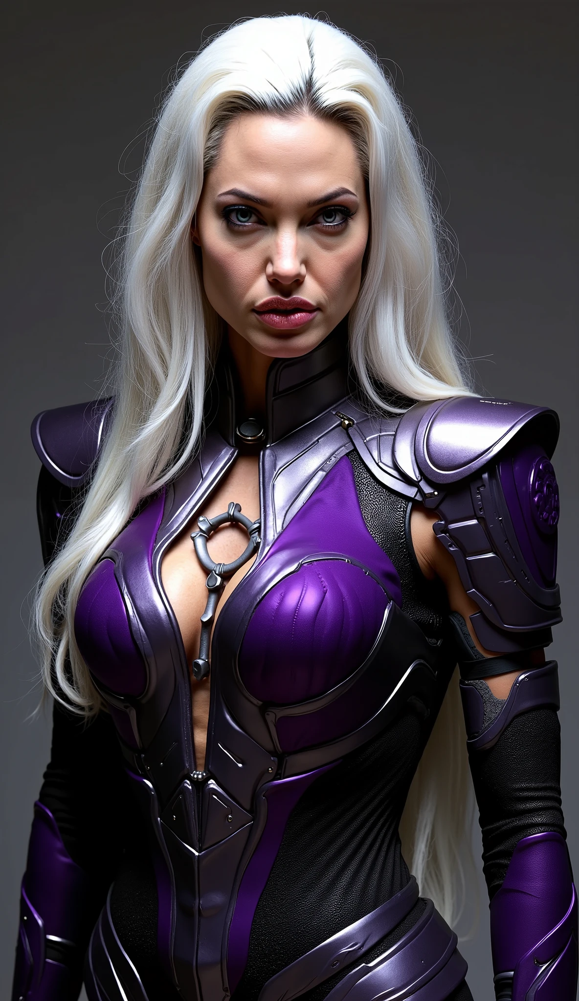 8k, melhor qualidade, Sindel mortal kombat x, imagem real, detalhes intrincados, ultra-detalhado, ultra high resolution, campo de profundidade,(photorealista,realista:1.2),obra de arte, foto de sindel, olhos brancos, cabelo branco com uma mecha preta no meio, decote, acessorio de testa prateado, Sozinho, exalando poder roxo, batalha, olhar de superioridade sol, blue sky, melhor qualidade, realista, photorealista, (detalhes intrincados:1.2), (delicado detalhado), (cinematic light), linha clara, sharp focus, realista face, Rosto detalhado Unity 8K papel de parede, ultra high resolution, (photorealista:1.4),