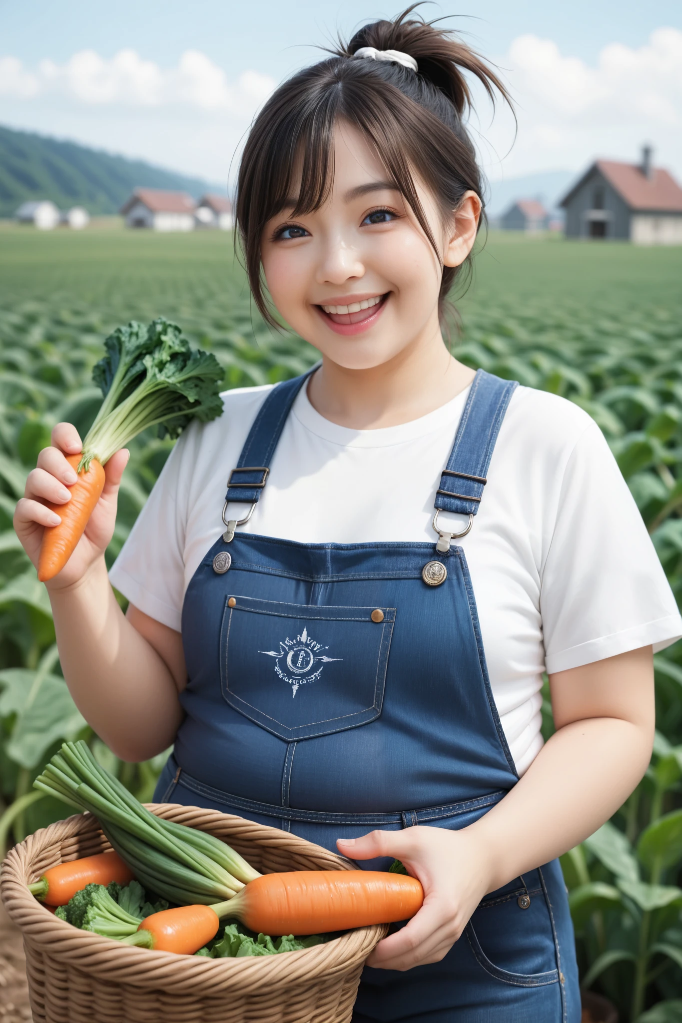 Very detailed, Detailed, Best quality, Ultra high resolution, Highest resolution, 50 year old Japanese woman, Happy smiling face, Detailed facial details, Detailed eye details, Wide open eyes, Cute double eyelids, Thick lips, Black hair, Black pupils, ((Laugh lines, Aged face)), Flabby stomach, (((Small breasts, Chubby woman))), A middle-aged woman wearing a white T-shirt under denim overalls is holding a basket full of freshly picked carrots, spinach and cucumbers in both hands, standing in the middle of a vegetable field under a clear blue sky, A vast vegetable field filled with carrots and cabbages, An old Japanese-style thatched farm building can be seen in the distance, Hair tied up, Looking at the viewer