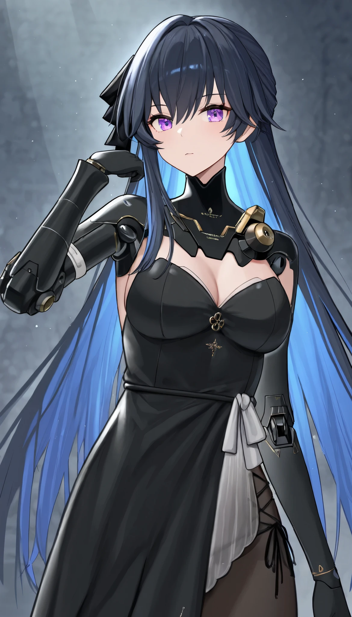 pixiv, 1girl, bangs, dark purple hair half blue, deep and detailed blue eyes, melancholic expression, black leather clothing, serious expression, eyelashes, modern, long hair, slightly wavy hair, neckline, collarbone, black open jacket, lock, medium breasts, shiny skin, badass, seductive, lock, red lips, looking at viewer, closed mouth, cinematic lighting, pale skin, dark background, wavy hair,  {beautiful detailed eyes:1.5}, detailed black clothing, cinematic light, shaded face:1.5, dynamic angle:1.5, extremely detailed, volumetric lighting, delicate girl, cleavege, mature female, {masterpiece:1.5), {ultradetailed:1.5) film camera, chromatic aberration:1.5) (HDR:1.9), (CG:1.5), (specular lighting:1.1) Very dark and detailed background:1.21) expressionless, dark atmosphere, long wavy hair, loose hair, hair ornament,  dynamic angle, dynamic pose, dramatic shadow, cinematic shadow, hard shadows:1.21), {traditional media:1.5), expressionless, mature female, mysterious look, sharp eyes, modern landscape, modern, focus on torso, focus on face