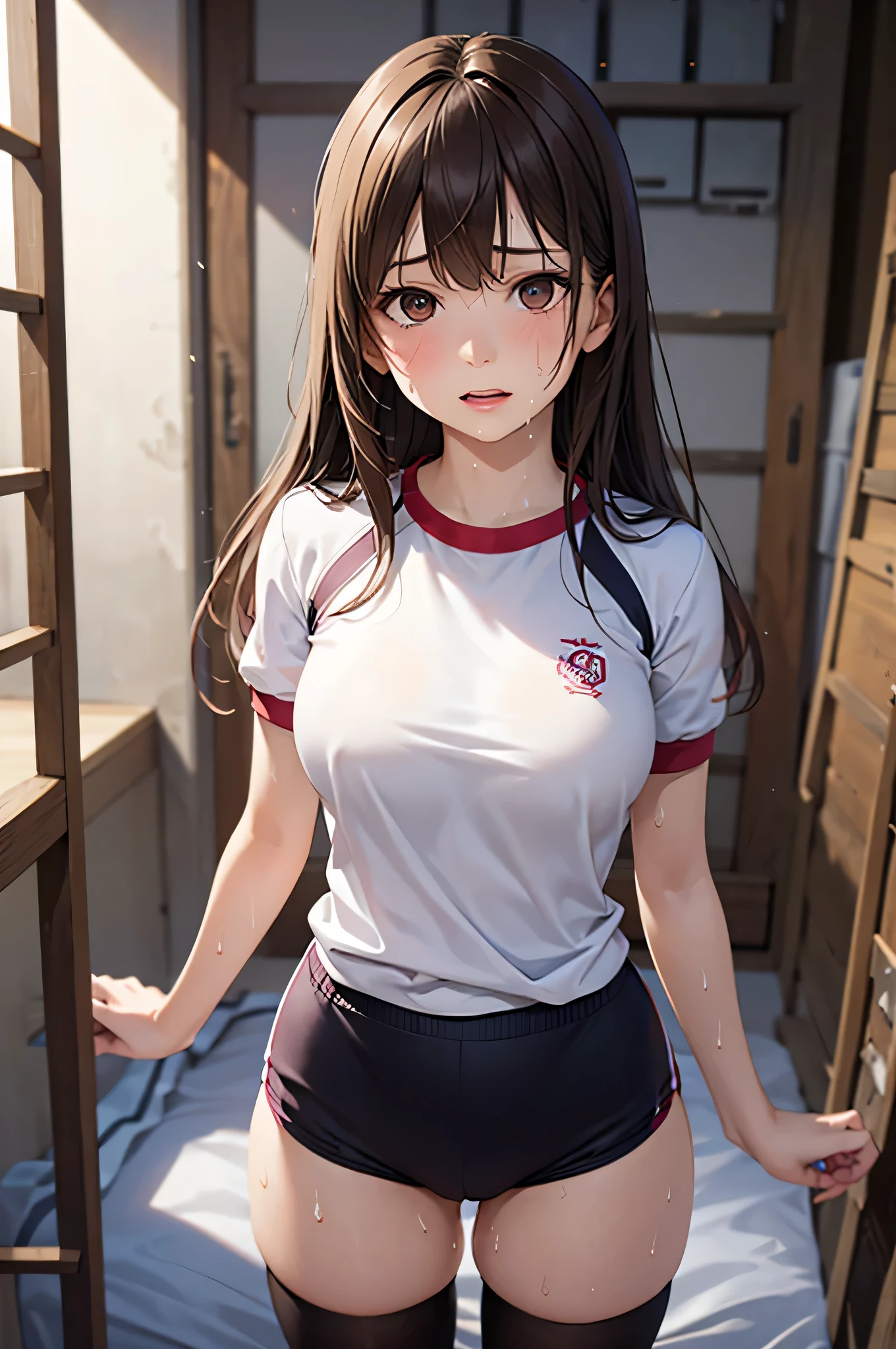 adult woman, alone, sexy, 8k resolution,(( top quality)), Supernatural, ( distressed face), ( brown eyes), beautiful symmetrical face , ( brown long hair), gym clothes, bloomers, knee-high socks,Realistic:1.4, by Nomi:1.4,( Masterpiece:1.2), perfect eyes, Perfect Eyes, anatomically correct human body ,Perfect waist,Perfect thighs,( open your mouth:0.8),(Sigh), Tool Room, open legs, bed-like background ,(sweat:1.3)