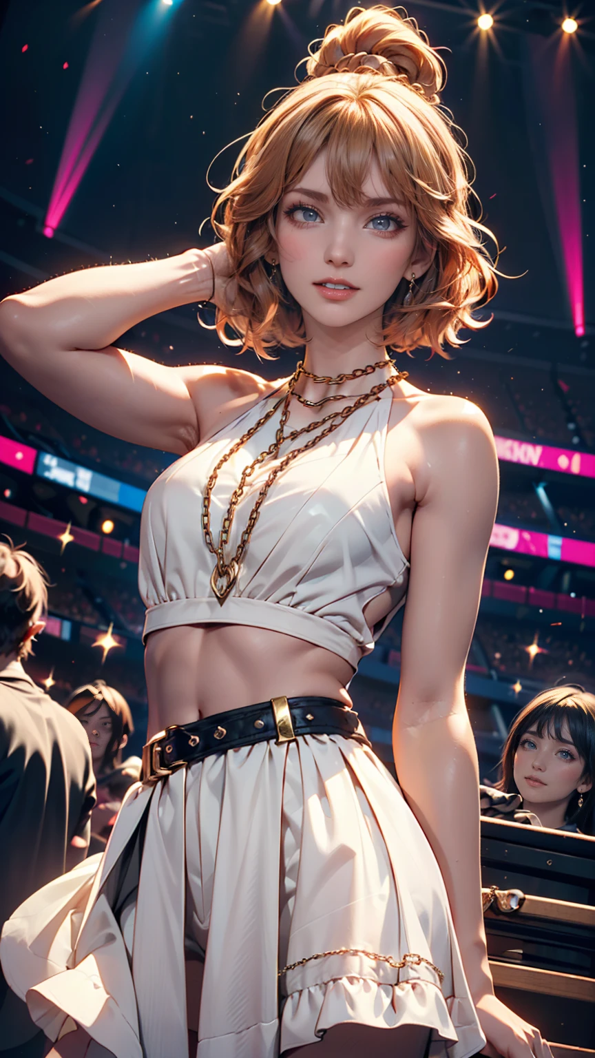 (masterpiece), (Highest quality), Makima with Taylor Swift's face (chainaw man), Highest quality, Super detailed, One person, alone, Are standing, Redhead, Long braided hair, Golden Eyes, bangs, Medium chest, tie, look, smile, (bad: 1.2), looking at the viewer, (interview: 1.3), (Dark Background, chain: 1.3) Exposing breasts,