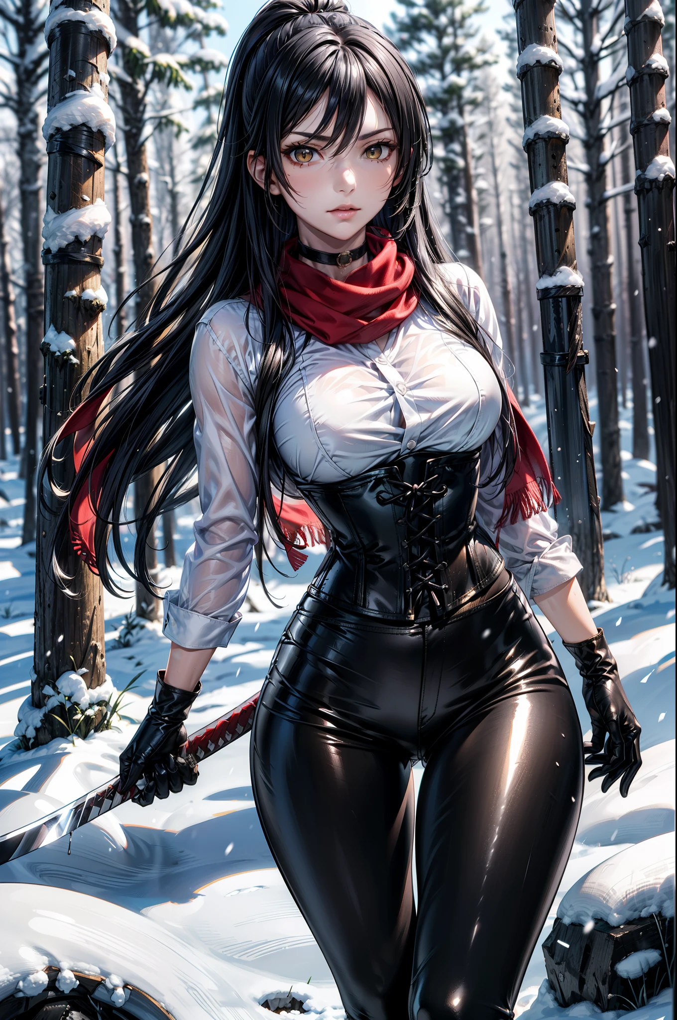 (Yaedef :1.4), 8K, highres, ultra detailed, ( masterpiece:1.4), (( perfect hands)), better quality, Sakuya Shirase, symmetrical body, sensual lips, slender legs , badass anime girl , bright clothes, beautiful, Alone, of foot, fight pose, (Hold a katana with your hand), (( seen from the front )), Serious Look T-Shirt, looking at the viewer , long ponytail black hair, detailed face , detailed eyes, amber yellow eyes , choker :1.6, choker :1.6, ((red scarf)), (( long sleeve white shirt )), (( black leather corset )), ((( shiny black leggings))), ((shiny black gloves )), (( snowy forest)), blizzard, snow