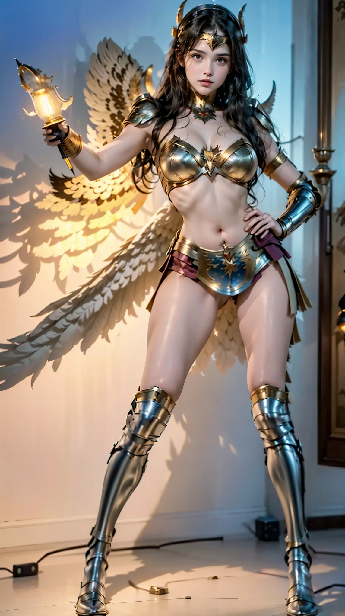   a woman in costume holding a sword and a sword,    Gal Gadot as the Lady of Hell   , gal gadot as   Wonder Woman,  hybrid gal gadot  , Emma Watson as a Knight  ,   Wonder Woman, inspired by Zack Snyder  , Gal Gadot as Supergirl, margot robbie as   Wonder Woman,  as   Wonder Woman,   photo of the beautiful gal gadot  ,   wearing armor,   Wonder Woman   wearing armor,  full plate armor ,   Medieval Armor 
([ lamp]:1.8), ( Athena:1.8), ( Upper body :0.3), (hyper  realistically:1.4), ( realistically:1.3), (  best quality real textured skin ),  detailed eyes,  detailed face taster, Persephone, Persephone, (sfw:1.5) hyper realistically, LESS saggy breasts, ( small breasts:1.5), (huge legs:1.5), (LESS THIGHS:1.5),   Perfect legs,   Perfect legs, legs added , legs added  e perfeitas,   shapely legs ,   shapely thighs, legs added , Smooth thighs. (  erotic pose  :1.5), (  thick eyebrows :1.2), ( Big purple eyes :1.2), (  ultra detailed eyes:1.4), (  high resolution eyes:1.1), (  ultra detailed skin texture  :1.4), ( Beautiful toned body :1.1),  camel toe , bela
