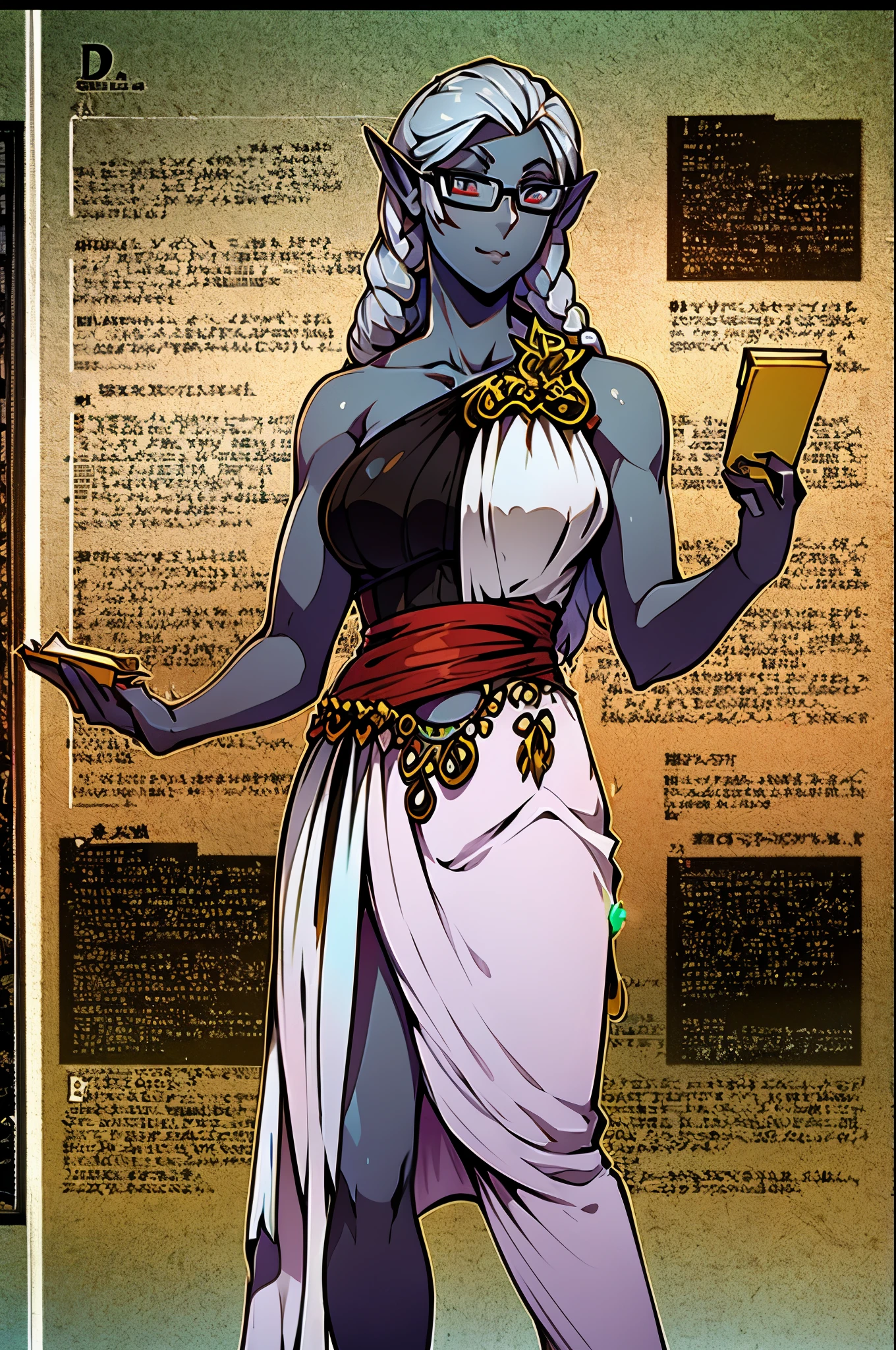 HD, high resolution, 2d art, 1 figure, dark elf, silver eyes, grey skin, female, feminine, (thin frame). skinny, feminine kind face, c cup breasts, shy, bard outfit, reading glasses