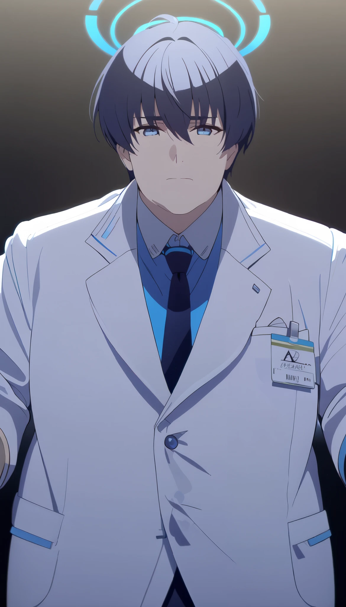 masterpiece, best quality, solo, 1man, mature, dark blue hair, short hair, blue eye, neon blue halo, white pharmacist coat, blue formal shirt, a little bit overweight, standing, looking at viewer, calm, composed, black background only