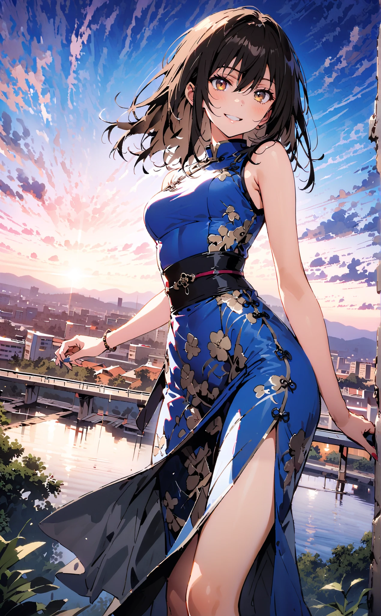 Yukina Himeragi, short hair, black hair, brown eyes,Alone,smile, grin ,Medium breast,Sleeveless blue Chinese clothes , blue long slit , pin heels, putting one hand on the waist , angle from below, is standing,whole bodyがイラストに入るように, break outdoors, Chinese cityscape ,
break looking at viewer,whole body,
break ( Masterpiece:1.2), top quality , kampala, Unity 8k Wallpaper,(shape:0.8),( fine, beautiful eyes :1.6),It's a person ,whole body写真,CG Details , ( perfect hands, Complete Anatomy),