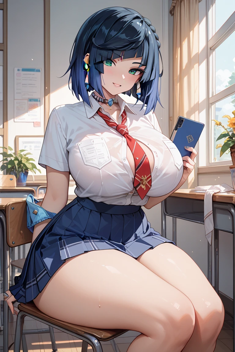 student girl in the bookstore with Japanese school uniform, big breasts with cleavage, good body, short hair, dark purple color, with a book in her hands, inside a library