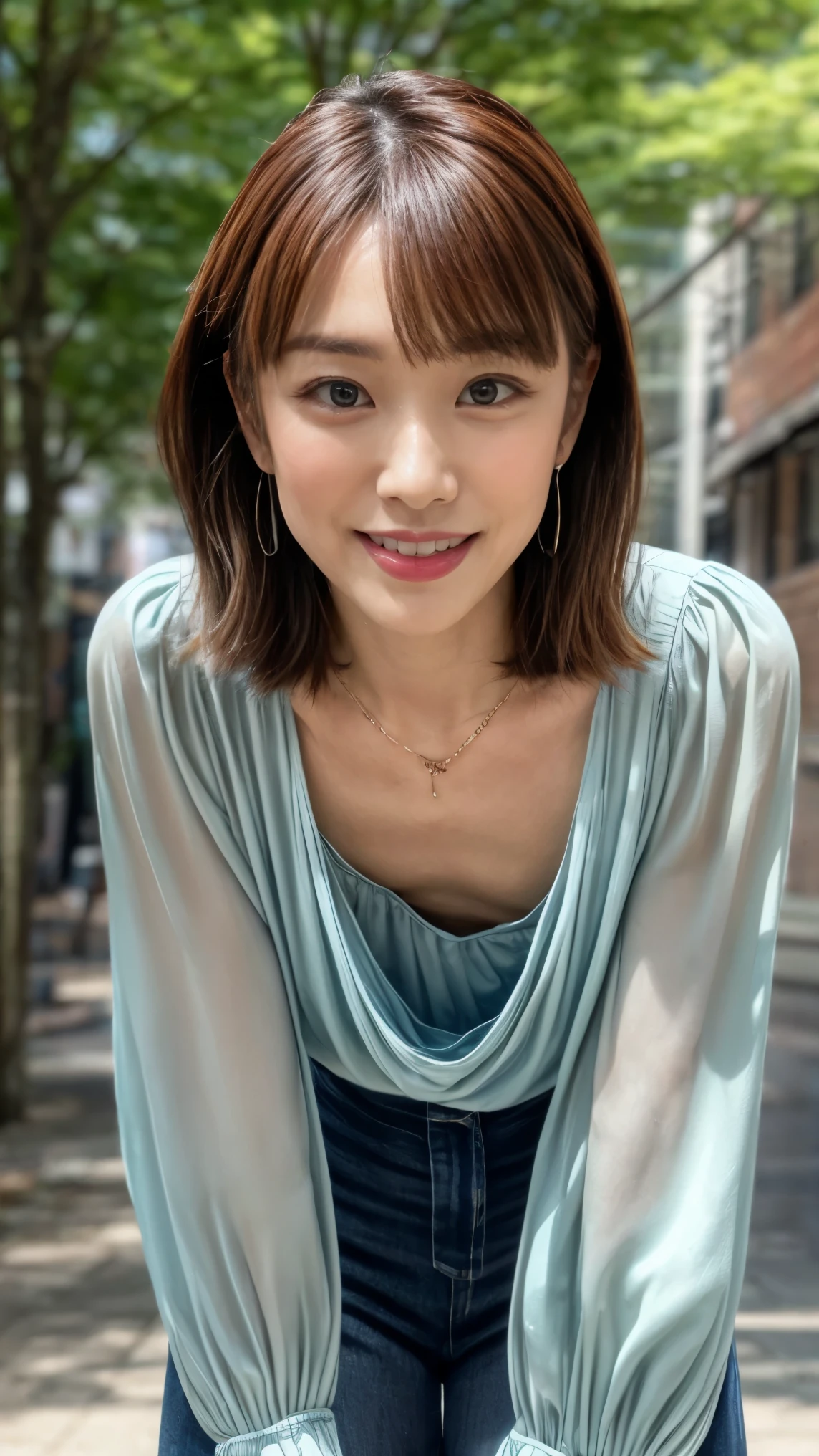 (realistic, photo-realistic:1.37), (best quality, masterpiece:1.2), RAW photo, high resolution, intricate details, extremely detailed, insanely detailed, incredibly detailed, finely detailed, looking at the camera, solo, a 40 years old Japanese mature woman, (face focus, standing leaning forward, loose blouse, downblouse, flat chest:1.5), slim, thin, slender, dark hair, detailed face, detailed eyes, pale skin, cheerful grin, necklace, bracelet, earrings, jewelry,,photo background, outdoors, alley, 