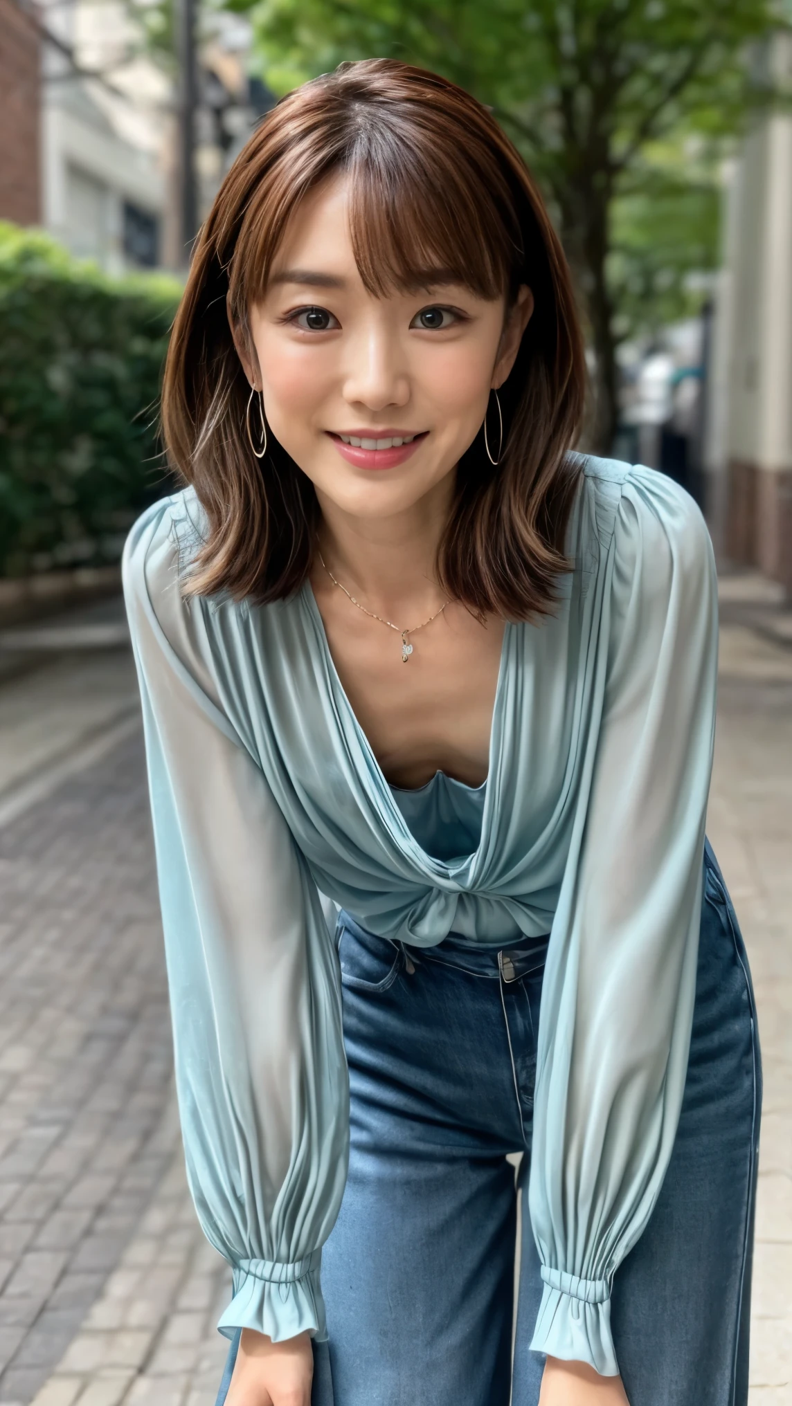 (realistic, photo-realistic:1.37), (best quality, masterpiece:1.2), RAW photo, high resolution, intricate details, extremely detailed, insanely detailed, incredibly detailed, finely detailed, looking at the camera, solo, a 40 years old Japanese mature woman, (face focus, standing leaning forward, loose blouse, downblouse, flat chest:1.5), slim, thin, slender, dark hair, detailed face, detailed eyes, pale skin, cheerful grin, necklace, bracelet, earrings, jewelry,,photo background, outdoors, alley,