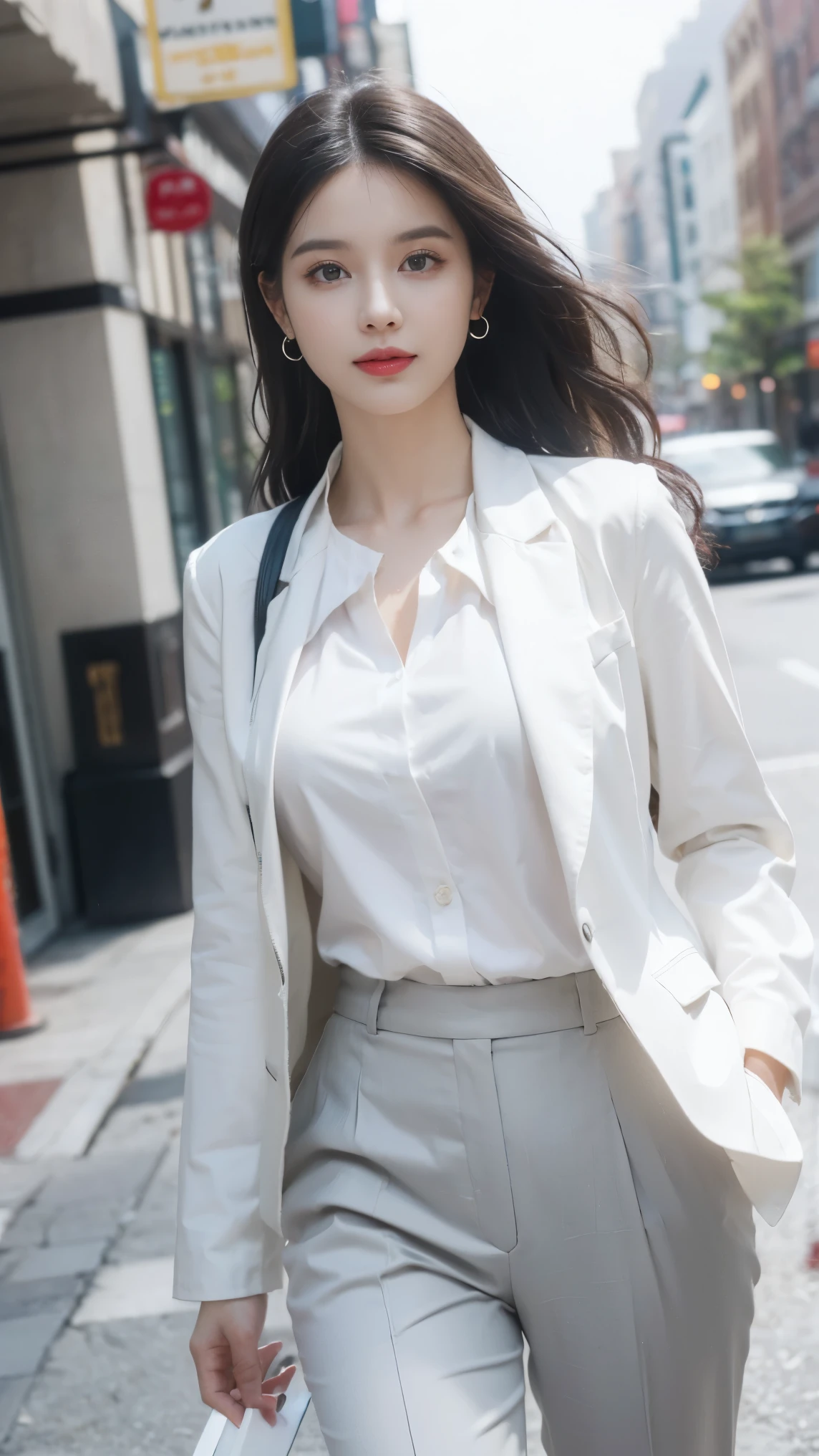 ((best quality)), ((masterpiece)), (detailed), perfect face, ((Best quality, 8k, Masterpiece: 1.3)), Highly detailed face and skin texture, Detailed eyes, (black hair), cowboy shot, long wavy hair, aqua eyes, earrings, light smile, emphasis lines, Nikon, ((White blouse)), (light grey jacket and slacks), high heels, Walking along the main street