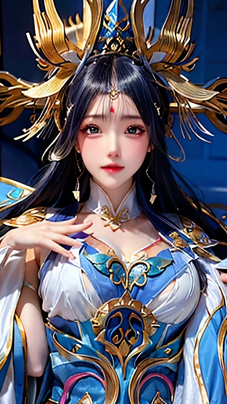 “A long silver-haired woman’s close-up portrait, wearing a soft blue dress ancient chinese hanfu like a goddess that frames her body, sitting on clear water with flying cherry petals, realistic details on skin and fabric, dramatic lighting, background of cherry trees, quiet and charming atmosphere, ultra-detailed, 8k resolution.”Unreal Engine, change clothes into bluish white goddess hanfu