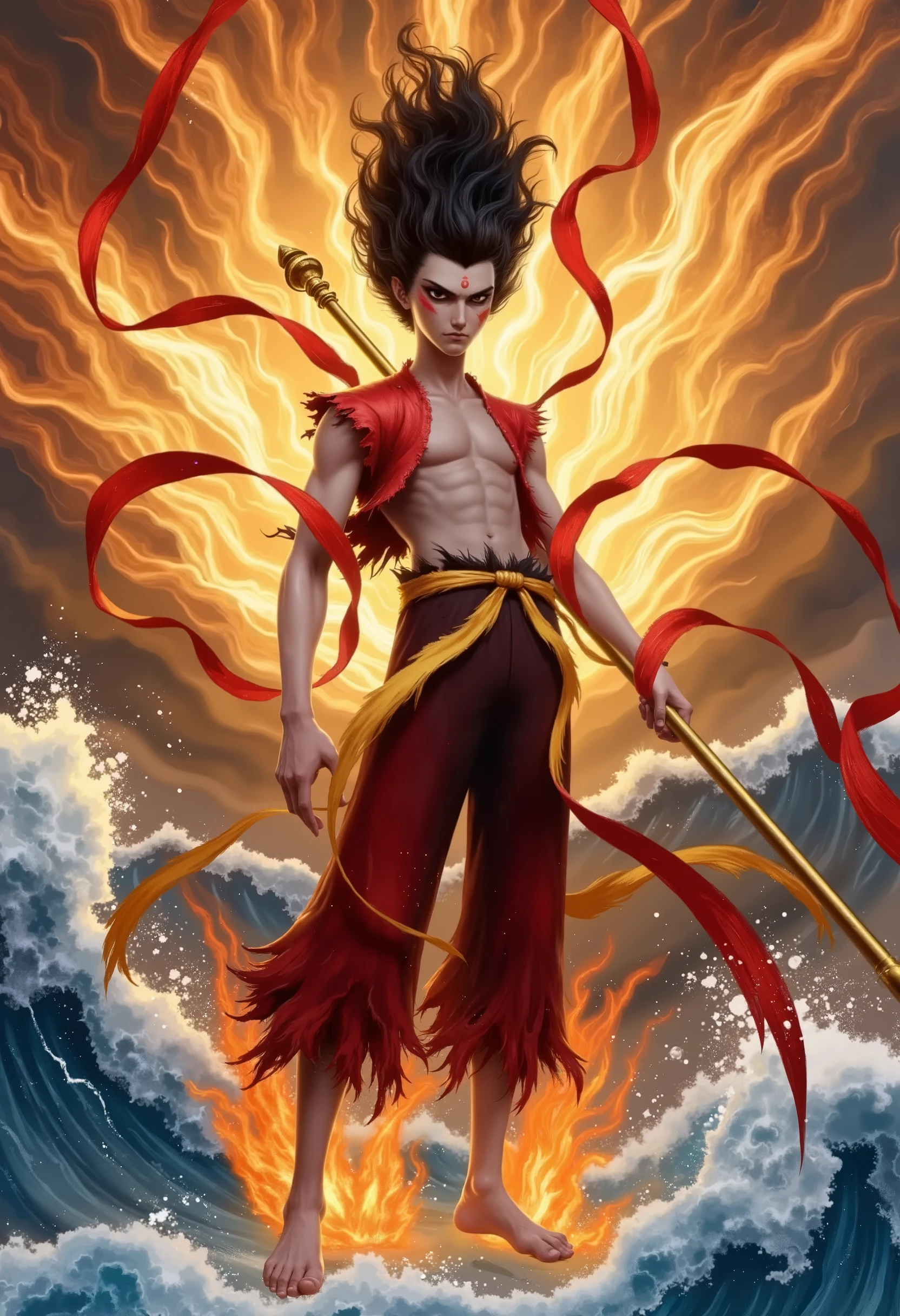 Nezha,A digital fantasy illustration of a fierce warrior standing amid a chaotic, fiery landscape. The central figure is a young man with a lean, muscular build, long, flowing black hair that whips in the wind. His piercing eyes gleam with intensity, and his smirk suggests both confidence and power. He’s clad in a tattered red outfit, a red sash wrapped around his waist, and stands barefoot, firmly grounded on a turbulent ocean surface. In his hands, he grips a long, golden staff wrapped with flowing red ribbons that twist around him like flames, emphasizing his control over the chaos surrounding him.
The backdrop is an explosive scene of fire and water, with swirling orange and yellow flames rising in every direction, crackling with heat and energy. Towering waves of dark blue and white crash violently behind him, their frothy crests creating a stark contrast with the smooth fluidity of the flames. The energy of the fire and water is in constant motion, yet the warrior stands unaffected, embodying strength and focus. The vibrant color palette of reds, oranges, blues, and whites conveys the violent tension of the scene, with the glowing golden staff and ribbons creating a striking focal point amidst the chaos. The contrasting textures of the flames and waves highlight the internal and external battles at play, giving the illustration a sense of dynamic power and motion.