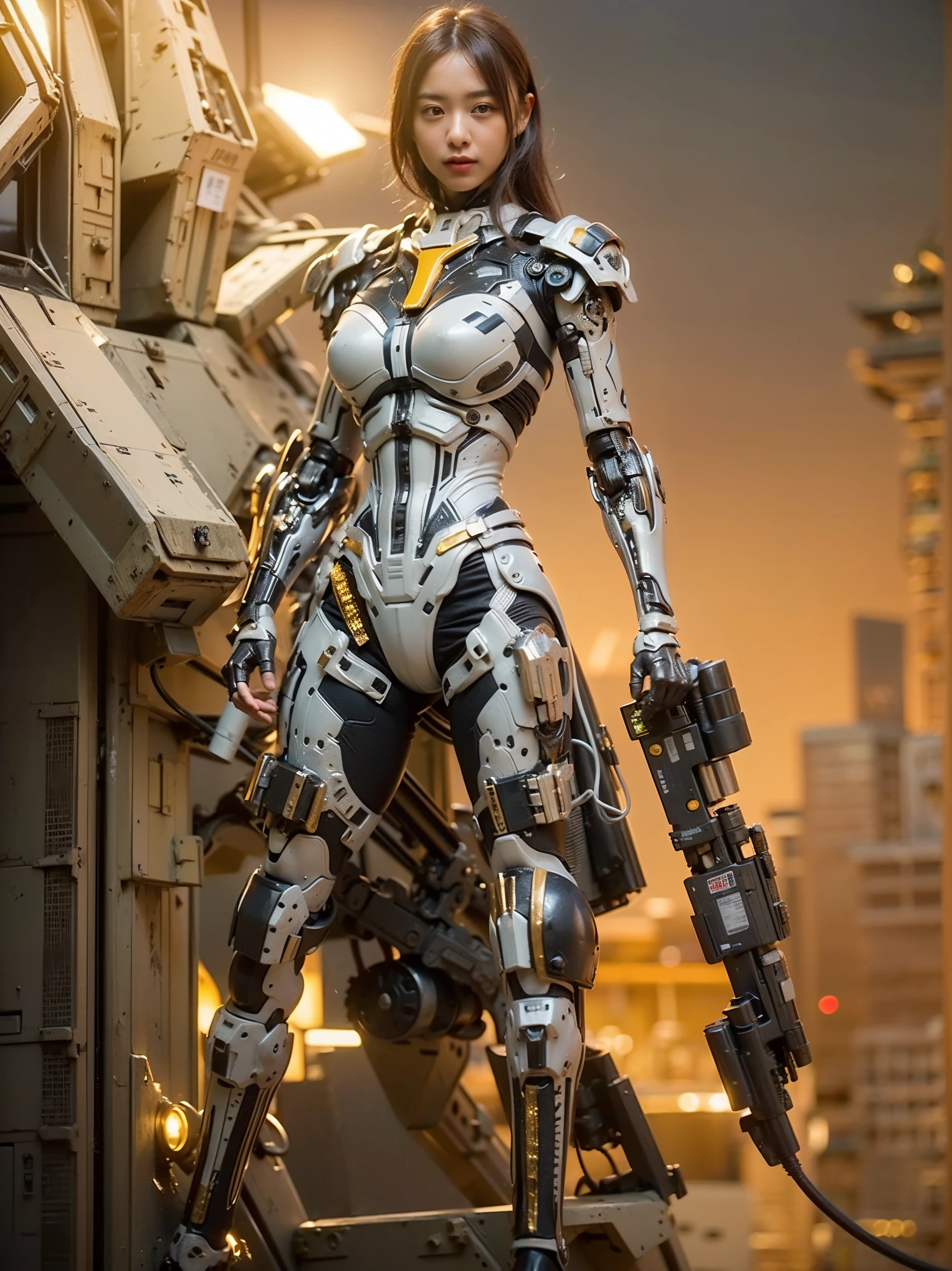 (Completely live action:1.37), (Amazingly realistic textures:1.37), (masterpiece, best quality:1.2), (8k uhd, 16k, 32k, ultra high res), amazingly realistic skin, amazingly realistic photo, superrealism, (photorealistic:1.37), (RAW photo), ultimately realistic, (ultimately realistic all details), (ultimately realistic all textures), super realistic lighting, super realistic shadow, (japanese girl:1.5), ((young face)), smiling, happy, super realistic face, ultimately realistic skin, ultimately realistic eyes, (amazing droopy eye makeup:1.35), ultimately realistic background, ultimately realistic detail up, kkw-ph1, ((amazing droopy eyes, cyberpunk-style cyborg girl, amazingly intricate details, Anatomically perfect hands, mechanical body, silver knight armor, ultra glossy texture, long canine tooth, red eyes))
