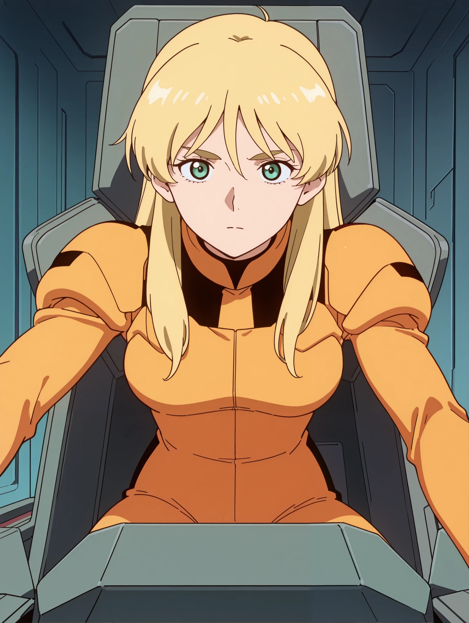 masterpiece, best quality,source_anime,Lilia Flaubert ,blonde hair,pilotsuit,upper body、 cockpit in the background、 sits in the cockpit、 怒り顔、口を閉じている、、Angle seen from the front 、