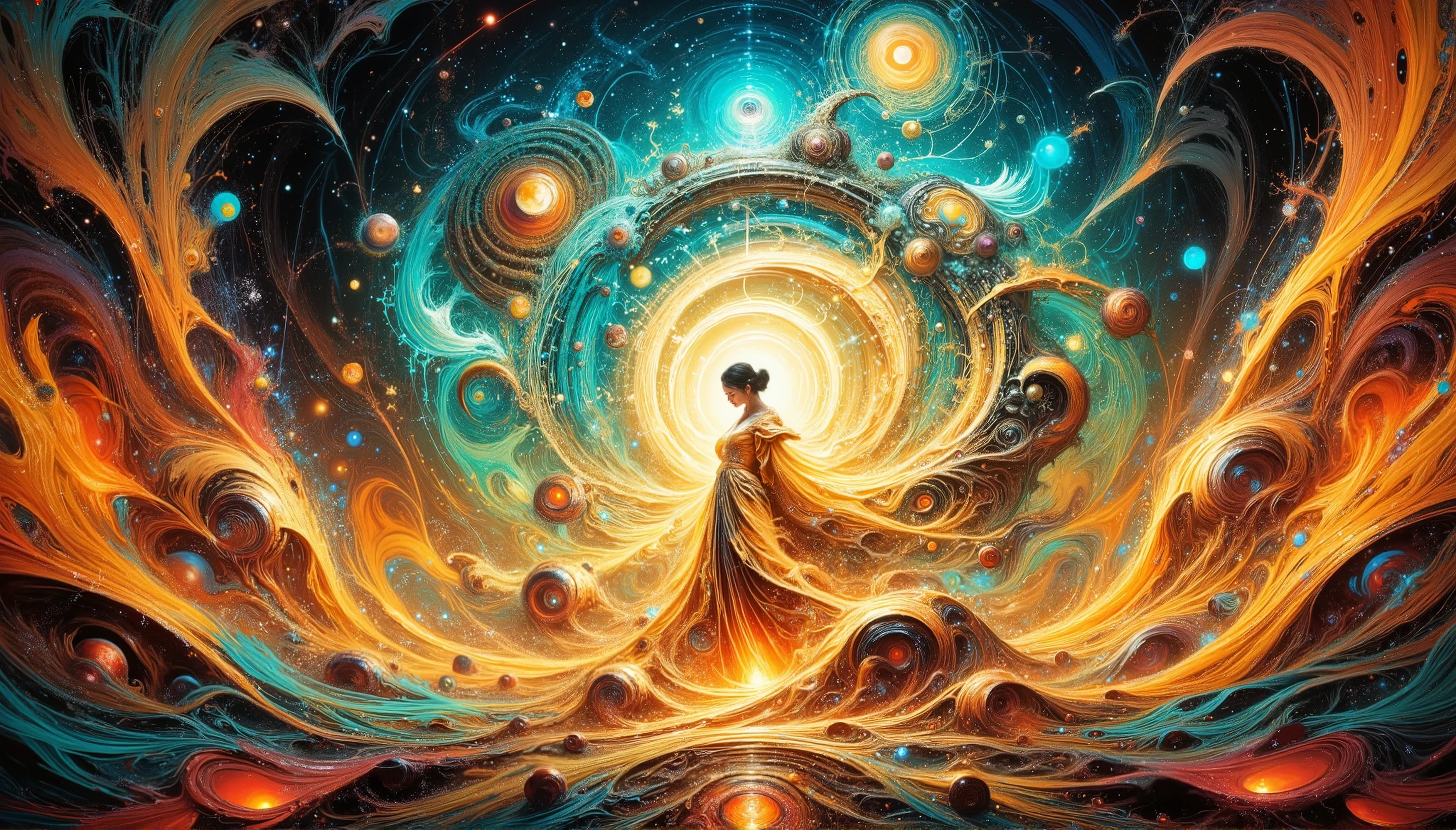 A serene, yet captivating digital artwork, blending the paradoxical harmony of chaos and order, reminiscent of the surrealist masterpieces of Salvador Dali, H.R. Giger, and Zdzisław Beksiński. A luminous, otherworldly female figure, draped in a flowing, diaphanous gown with an intricate, gold and teal pattern, adorned with mesmerizing zentangle doodles, stands poised at the center, radiating an aura of balance amidst the turmoil. Her delicate form is bathed in a soft, ethereal glow, as if illuminated by the gentle light of a thousand celestial bodies. The backdrop features a breathtaking, swirling vortex, evoking the melting, dreamlike quality of oil on canvas, with bold, vibrant brushstrokes and a predominantly matte finish, inviting the viewer to step into the realm of the surreal.