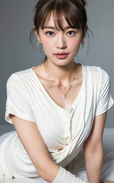 ((Highest quality、8k、masterpiece:1.3))、Sharp focus:1.2、Beautiful woman with perfect style:1.4、Place your palms on your cheeks:1.2、Whole body 1.2((Brown haired、Model body type:1.2))、Standing leaning against a wall、White wall background:1.2、Shortcuts、Highly detailed face and skin texture、Detailed eyes、double eyelid、Beautiful white skin、Pure、Please put your hand on your cheek、Eyes closed and mouth in duck shape、kiss、Images showing the person's entire body,
Narrow shoulders, Beautiful clavicle, thin arms, length, Thin legs, Small Ass, Very good,
Slim figure, The beauty of slim abs :1.2, thin waist :1.2, thin thighs :1.2,
Ultra-detailed skin, Fair skin, Glowing Skin, Ultra detailed face,
Slim face contour, Beautiful small face, Beautiful nose,
超Detailed eyes, Long, narrow eyes, Brown eyes, double eyelid, Extremely fine eyebrows, thin, Long eyelashes,
Ultra-detailed lips, Plump and moisturized lips, Glossy pink lips, Blushing, ((White beautiful teeth)),
Fatigue Make-up, Pink lipstick,
Dark brown hair, Delicate and soft hair, Hair blowing in the wind,
(Put your hair up, Medium Short Hair, ponytail:1.2),
Layered Cut, (Blunt bangs:1.2),
Cute Smile, mouth half open, Dreamy look, ((Staring at the audience)),
(((Photorealism,Shooting the whole body from the thighs:1.2))), ((Body facing sideways)),
Dynamic Lighting,
(Wearing sexy white lace see-through underwear:1.2),
((Gorgeous Earrings, Silver Necklace)),
Eco and bright background,
