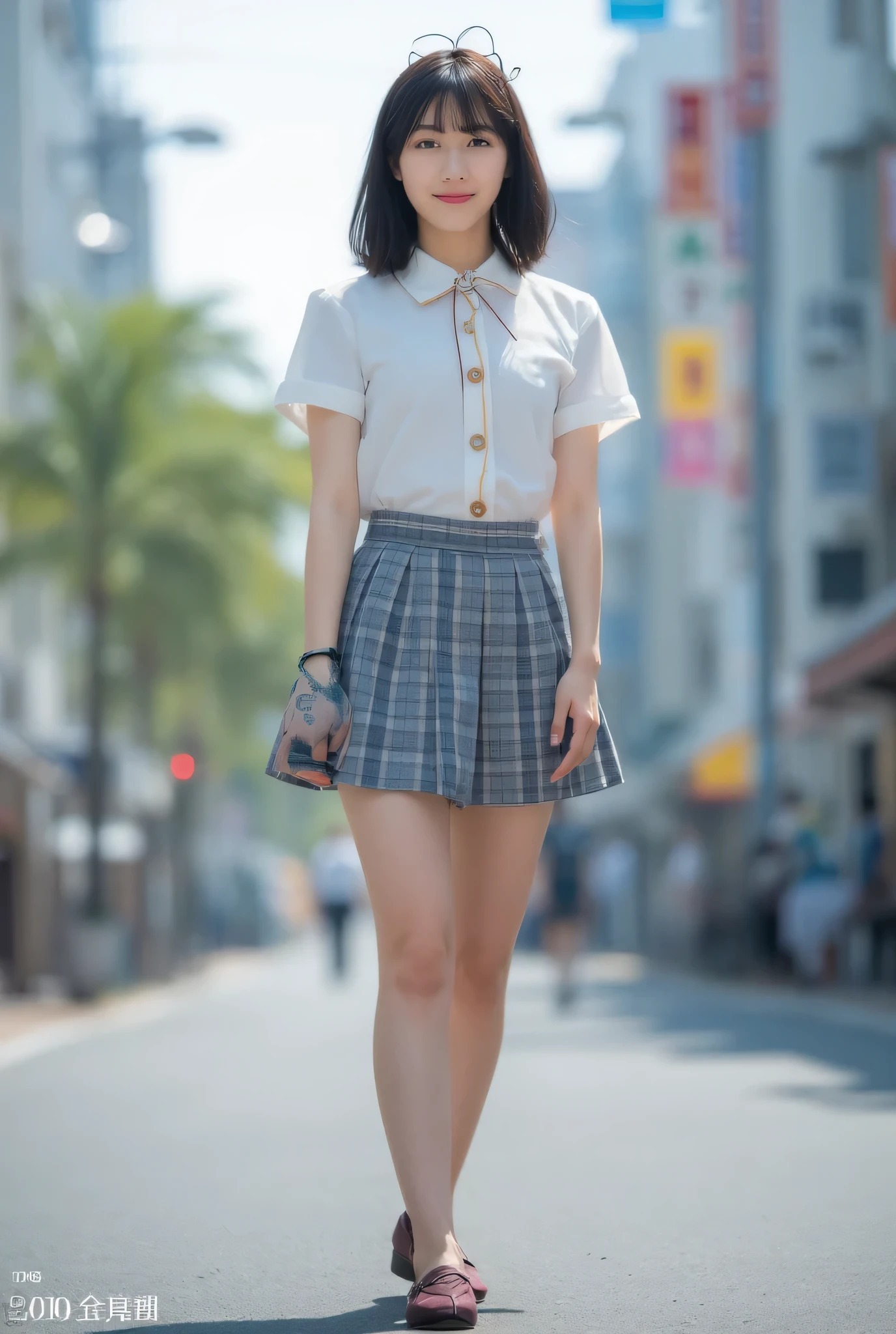 High quality, 8K, beautiful woman, shy smile, (medium short hair), (uniform: 1.3), (plain beige around waist: 1.5), (standing with hands on hips), (white collar shirt: 1.4), ((white collar, no buttons, short sleeves): 1.2), ((bronze blue and gray checkered pleated mini skirt: 1.3)), (beautiful legs), (X-shaped hair accessory), wearing loafers, Shibuya, Japan,