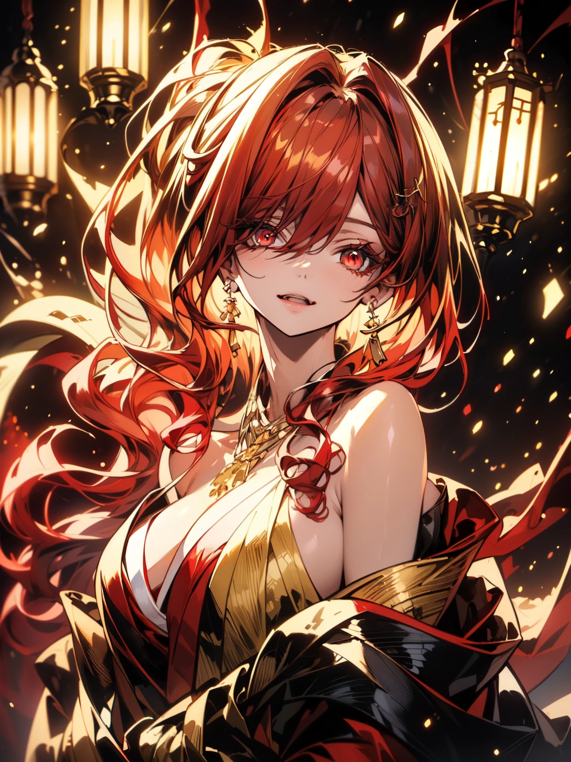 masterpiece, Best Quality, 8k, 32k,1 Girl, makima \(chainsaw man\), (red hair)+(long braided hair)+(bangs), yellow eyes, golden eyes, (ringed eyes), big breasts, Perfect Body, Ultra Detailed Face, Detailed Lips, Sakura Kimono, looking at viewer, necklace, earrings