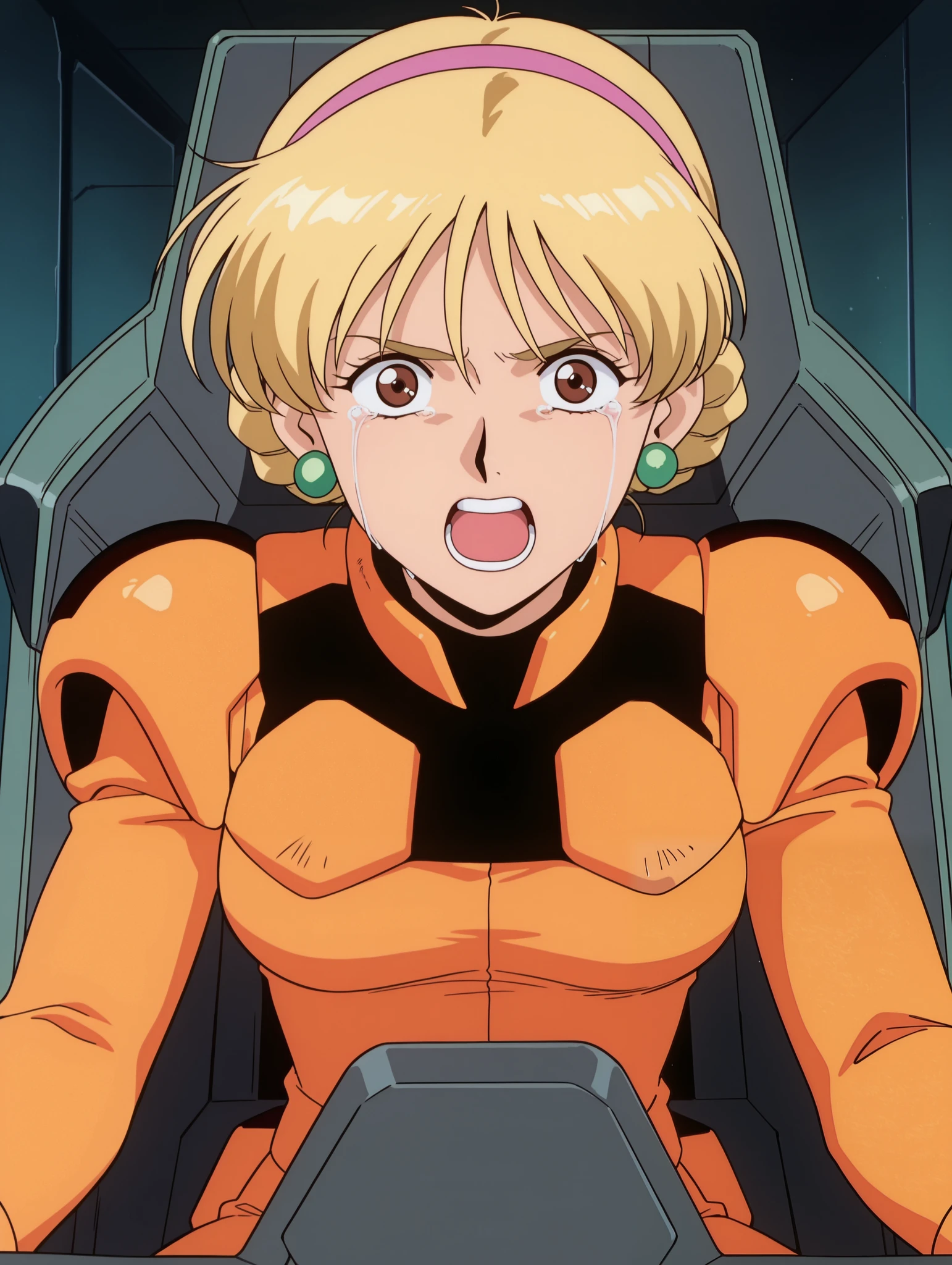 masterpiece, best quality, newest, absurdres, highres, detailed eyes, beautiful, detailed background, perfect eyes, anime coloring, anime screencap, 1990s \(style\), 1girl , Alone, KATEJINA'S STORY. blonde hair, short hair, single bun, french braid, pink hairband , brown eyes, medium breasts, earrings, mecha pilot suit, orange bodysuit, long sleeves, orange gloves, looking at viewer, cockpit in the background、 sits in the cockpit、 crying face、 Screaming with her mouth open