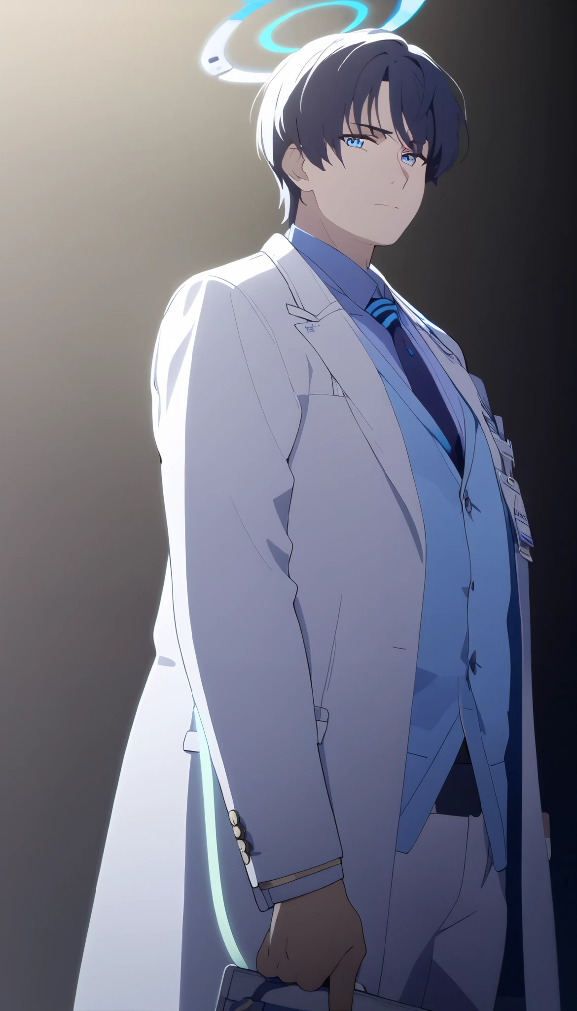 masterpiece, best quality, solo, 1man, mature, dark blue hair, short hair, blue eye, neon blue halo, white pharmacist coat, blue formal shirt, a little bit overweight, standing, looking at viewer, calm, composed, black background only
