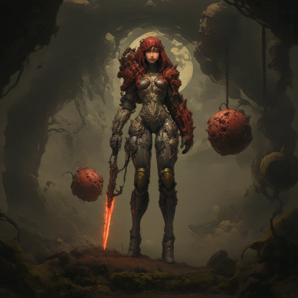 - Main Character, "Indonesian" Adult Woman, Beautiful, Tall, Long Legs, Full of Traditional Tattoos that are clearly visible.
- Wearing a costume ("Full Sexy Armor").
Chest and Thigh Armor are slightly open.
Futuristic Costume Design with perfect details.
There is a 'Lightning' Logo Image lit on the costume.
- Sexy and Athletic Body.
Perfect body curves, big breasts, wide hips, flat and slim stomach, big buttocks.
- High heels are very detailed, hand guards are very detailed, Armor protects knees and elbows.
A Magic Circle appears full of magic pattern images.
- Burgundy costume with a combination of Black.
- Pose: Standing while holding a Long Stick full of carvings.
A Red Ape Robot Follows behind while hanging from an electric cable.
Underground Station, Broken Train.
Night, black clouds, Moonlight, fog.
"FANTASY"