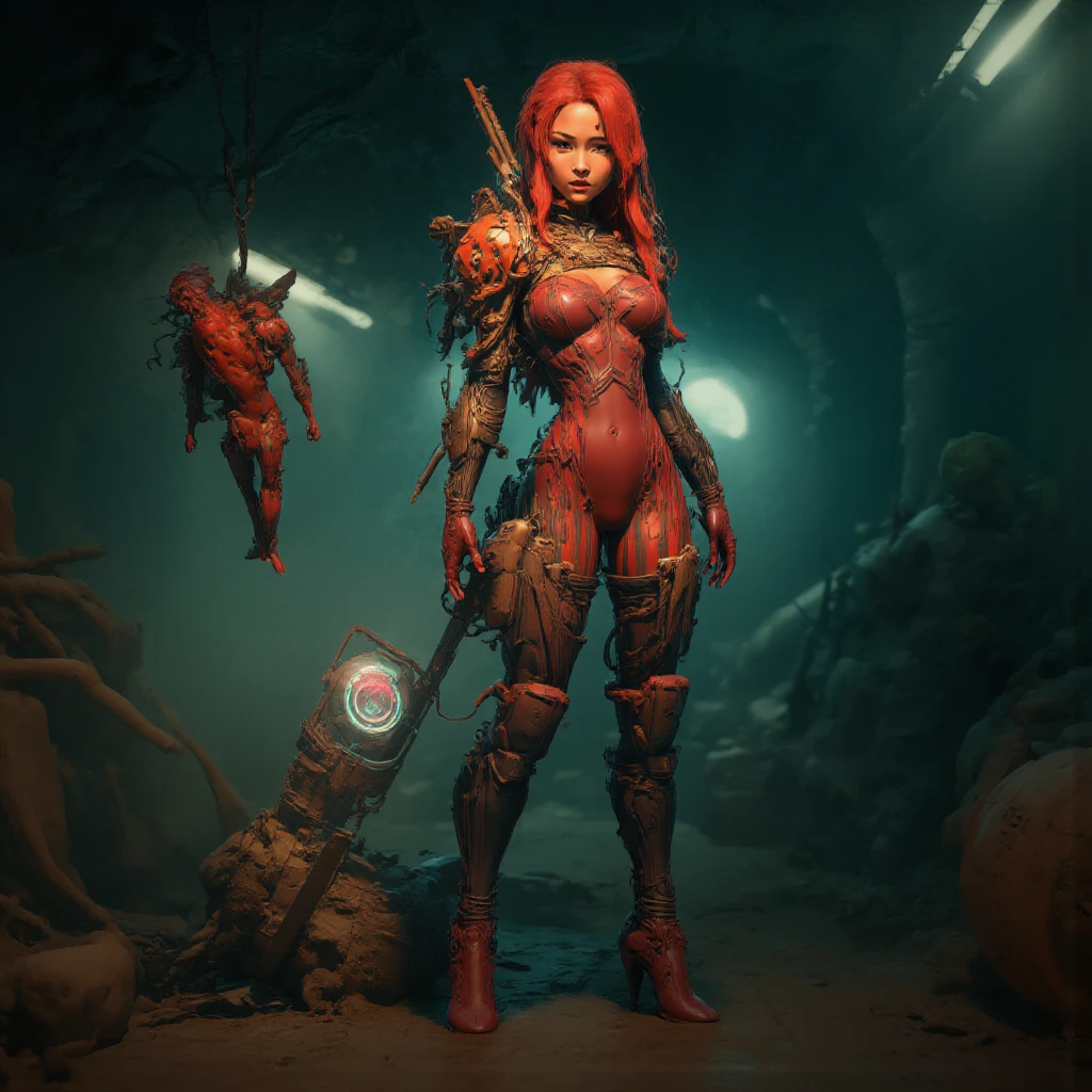- Main Character, "Indonesian" Adult Woman, Beautiful, Tall, Long Legs, Full of Traditional Tattoos that are clearly visible.
- Wearing a costume ("Full Sexy Armor").
Chest and Thigh Armor are slightly open.
Futuristic Costume Design with perfect details.
There is a 'Lightning' Logo Image lit on the costume.
- Sexy and Athletic Body.
Perfect body curves, big breasts, wide hips, flat and slim stomach, big buttocks.
- High heels are very detailed, hand guards are very detailed, Armor protects knees and elbows.
A Magic Circle appears full of magic pattern images.
- Burgundy costume with a combination of Black.
- Pose: Standing while holding a Long Stick full of carvings.
A Red Ape Robot Follows behind while hanging from an electric cable.
Underground Station, Broken Train.
Night, black clouds, Moonlight, fog.
"FANTASY"
