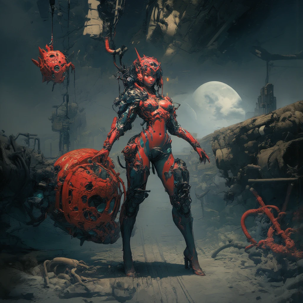 - Main Character, "Indonesian" Adult Woman, Beautiful, Tall, Long Legs, Full of Traditional Tattoos that are clearly visible.

- Wearing a costume ("Full Sexy Armor").
Chest and Thigh Armor are slightly open.
Futuristic Costume Design with perfect details.
There is a 'Lightning' Logo Image lit on the costume.

- Sexy and Athletic Body.
Perfect body curves, big breasts, wide hips, flat and slim stomach, big buttocks.

- High heels are very detailed, hand guards are very detailed, Armor protects knees and elbows.
A Magic Circle appears full of magic pattern images.

- Burgundy costume with a combination of Black.

- Pose: Standing while holding a Long Stick full of carvings.
A Red Ape Robot Follows behind while hanging from an electric cable.
Underground Station, Broken Train.
Night, black clouds, Moonlight, fog.

"FANTASY"