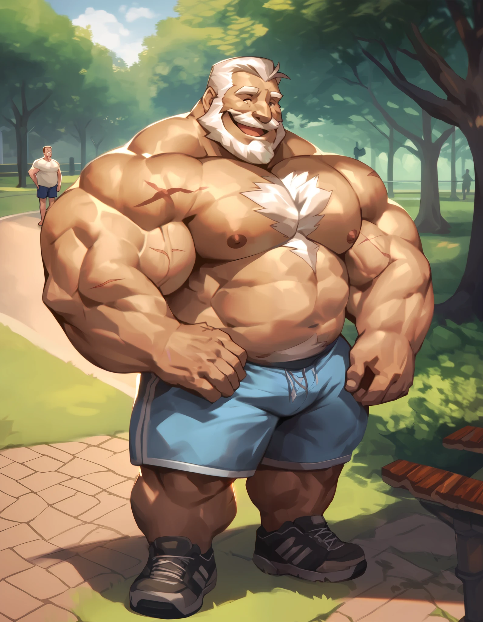 2boys, duo, hug, a man with big giant muscle tall body, a (male human):1.4, old man, smile, happy, topless, shirtless. full body, standing, solo, very big, very tall, very muscular,chest scar, shorts, park, nipples