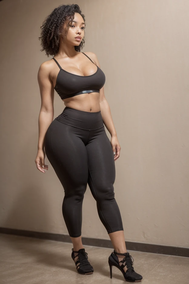 A portrait photo of a Latin-American fitness model posing in her jumpsuit, as a solid darkgray backdrop looms behind her. This 26-year-old stunner features an (hourglass silhouette), (mighty breasts), (firm build), and a choppy-messy bob.