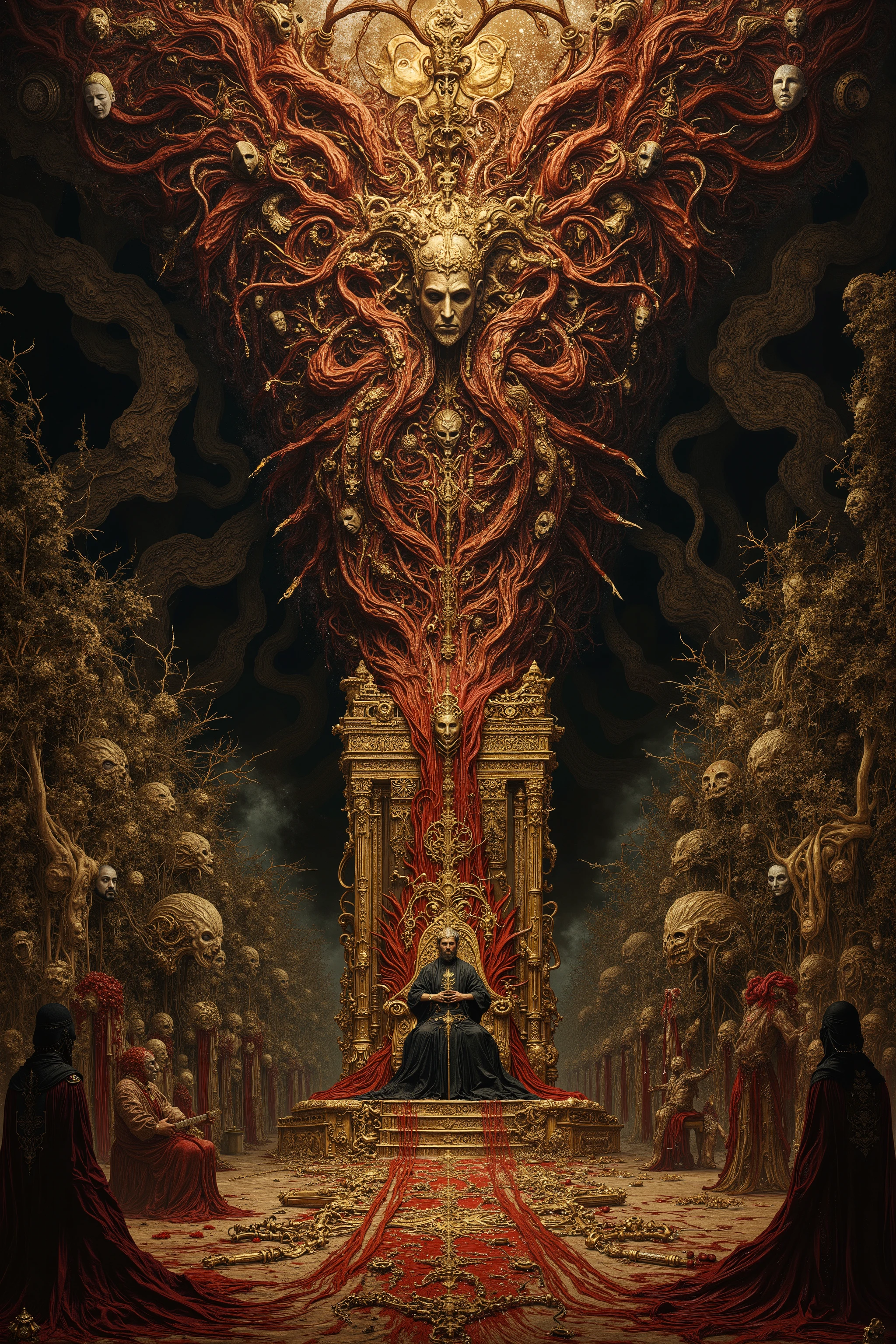 big 1 men sitting on the throne,many mask in sky,many people wearing mask,((astrology,tarot cards:1.5)),body horror,biomachine,(bloody),moon, living being, (vivid color),(colorful),(tangled:1.2),(wearing robe:1.2), H.R Giger style,Gustav Klimt Style,Yoshitaka Amano style,
Granulated,plants,blood vessels,liquid,red,gold,ritual,Abundance,
16k,detailed image, ,by gustavklimt,made of blood and gore,biomechanical style