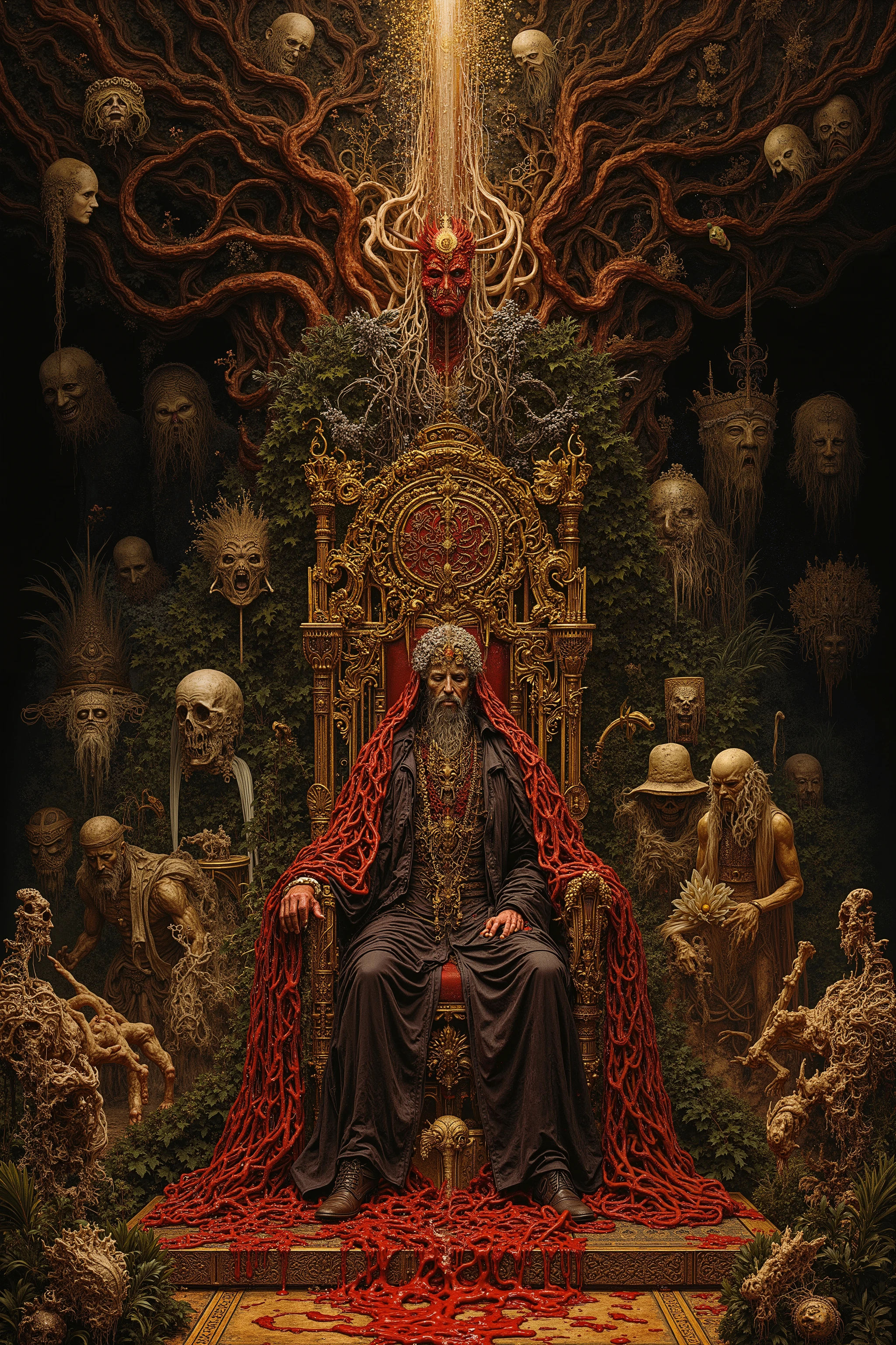 big 1 men sitting on the throne,many mask in sky,many people wearing mask,((astrology,tarot cards:1.5)),body horror,biomachine,(bloody),moon, living being, (vivid color),(colorful),(tangled:1.2),(wearing  robe:1.2), H.R Giger style,Gustav Klimt  Style,Yoshitaka Amano style,
Granulated,plants,blood vessels,liquid,red,gold,ritual,Abundance,
16k,detailed image,　　　,by gustavklimt,made of blood and gore,biomechanical style
