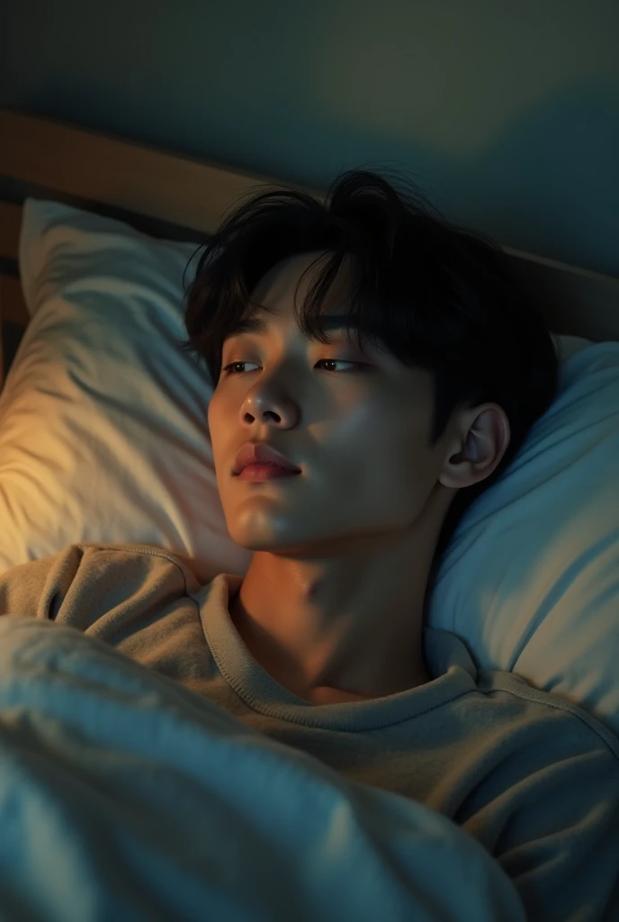 Jungkook from bts Lying on a bed with no clothes with his penis releasing cum