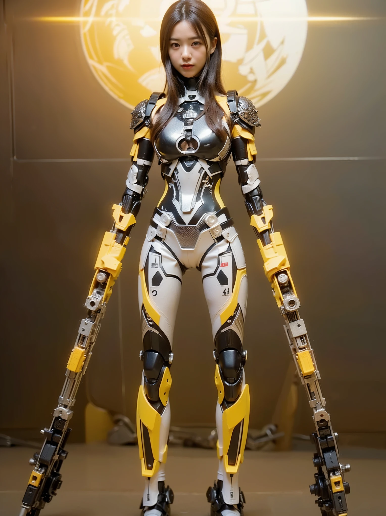 (Completely live action:1.37), (Amazingly realistic textures:1.37), (masterpiece, best quality:1.2), (8k uhd, 16k, 32k, ultra high res), amazingly realistic skin, amazingly realistic photo, superrealism, (photorealistic:1.37), (RAW photo), ultimately realistic, (ultimately realistic all details), (ultimately realistic all textures), super realistic lighting, super realistic shadow, (japanese girl:1.5), ((young face)), smiling, happy, super realistic face, ultimately realistic skin, ultimately realistic eyes, (amazing droopy eye makeup:1.35), ultimately realistic background, ultimately realistic detail up, kkw-ph1, ((amazing droopy eyes, cyberpunk-style cyborg girl, amazingly intricate details, Anatomically perfect hands, mechanical body, silver knight armor, ultra glossy texture, long canine tooth, red eyes))