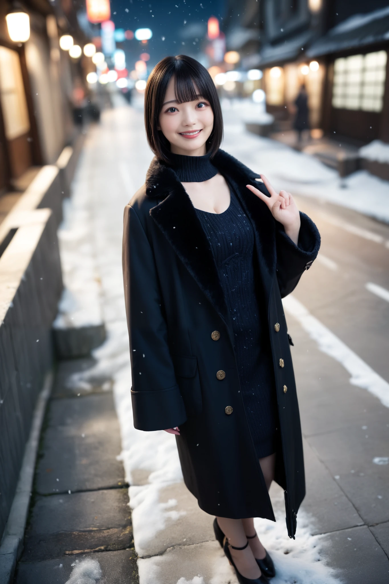 Very Detailed, Detailed, Best Quality, Ultra High Resolution, Highest Resolution, ((Wide Angle, Full Body Photo, 20 year old Japanese woman in a black long coat))), Happy smiling face, Detailed facial expression, Detailed eye depiction, Wide open eyes, Cute double eyelids, Thick lips, Black hair, Black pupils, BREAK, A woman in a black long coat standing on a high pedestrian bridge with the Tokyo night view behind her, wearing a black V-neck sweater underneath the coat, The coat is open at the neckline exposing her cleavage, Night view of the city visible in the distance, Snowing, Hime cut with blunt bangs, Looking at the viewer, High-up angle,