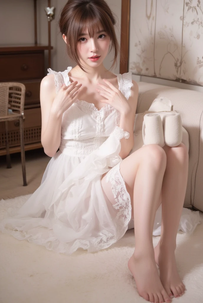 HDR,uhd,8K,High Detail,Best quality,masterpiece,masterpiece,Best quality,lifelike,1 Girl,whole body,ass pov,Sitting,Maid,White thighs,Ruffles,apron,Maid头饰,White skin,Simple background,Studio Lighting,(EOS R8,50mm,F1.2,8K,RAW photos,headlight,(((masterpiece)),((Best quality,super fine illustrations)),((Very delicate light)),((fine lighting,非常精细的8KCG壁纸)),
