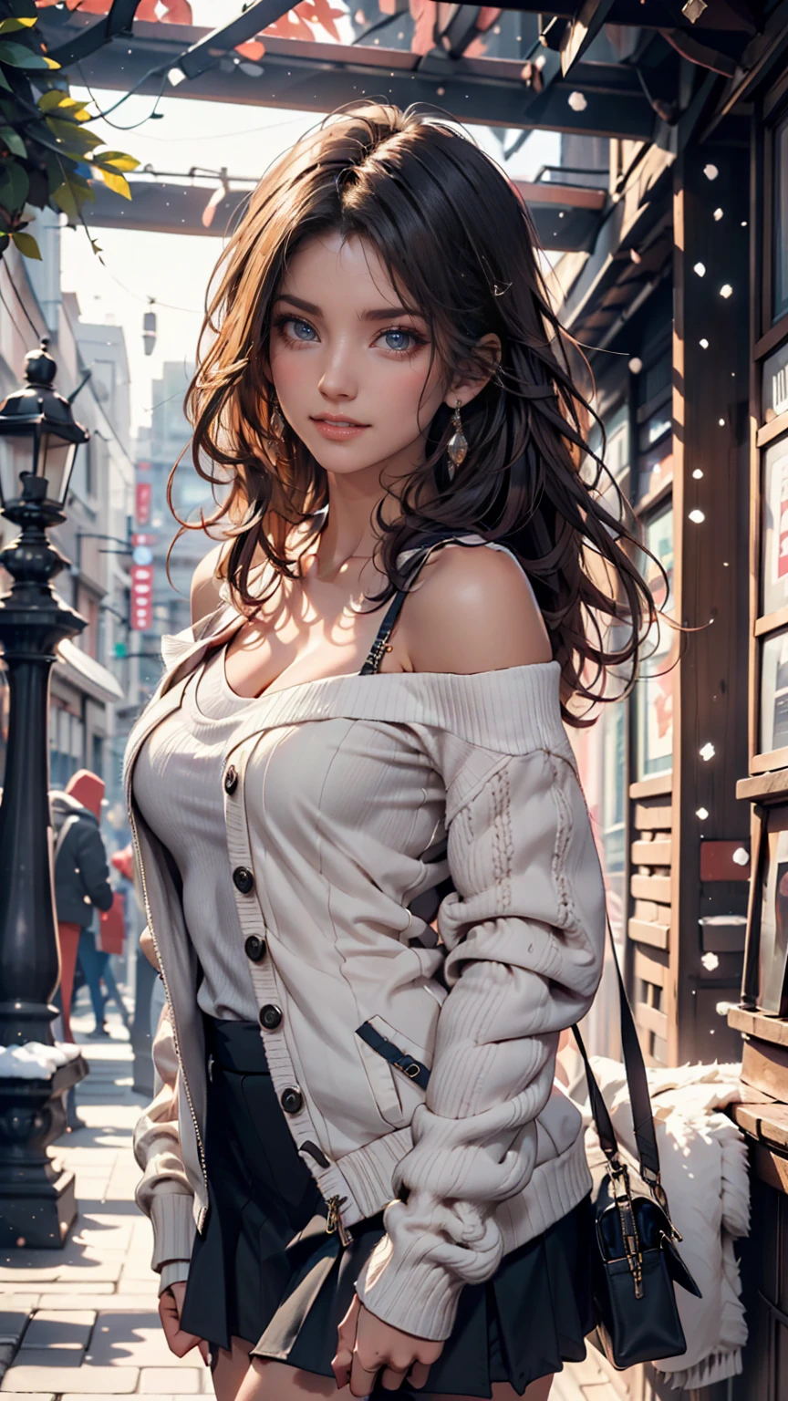 One person,Aqua Eye, bangs, black coat, chest, button, coat, Arms crossed,High resolution, large chest, Long Hair, View your viewers, 部分的にbuttonを外した,  road, scarf, shirt, Short eyebrows, smile, alone, Are standing, street,Thick eyebrows, Upper Body, white shirt, From below