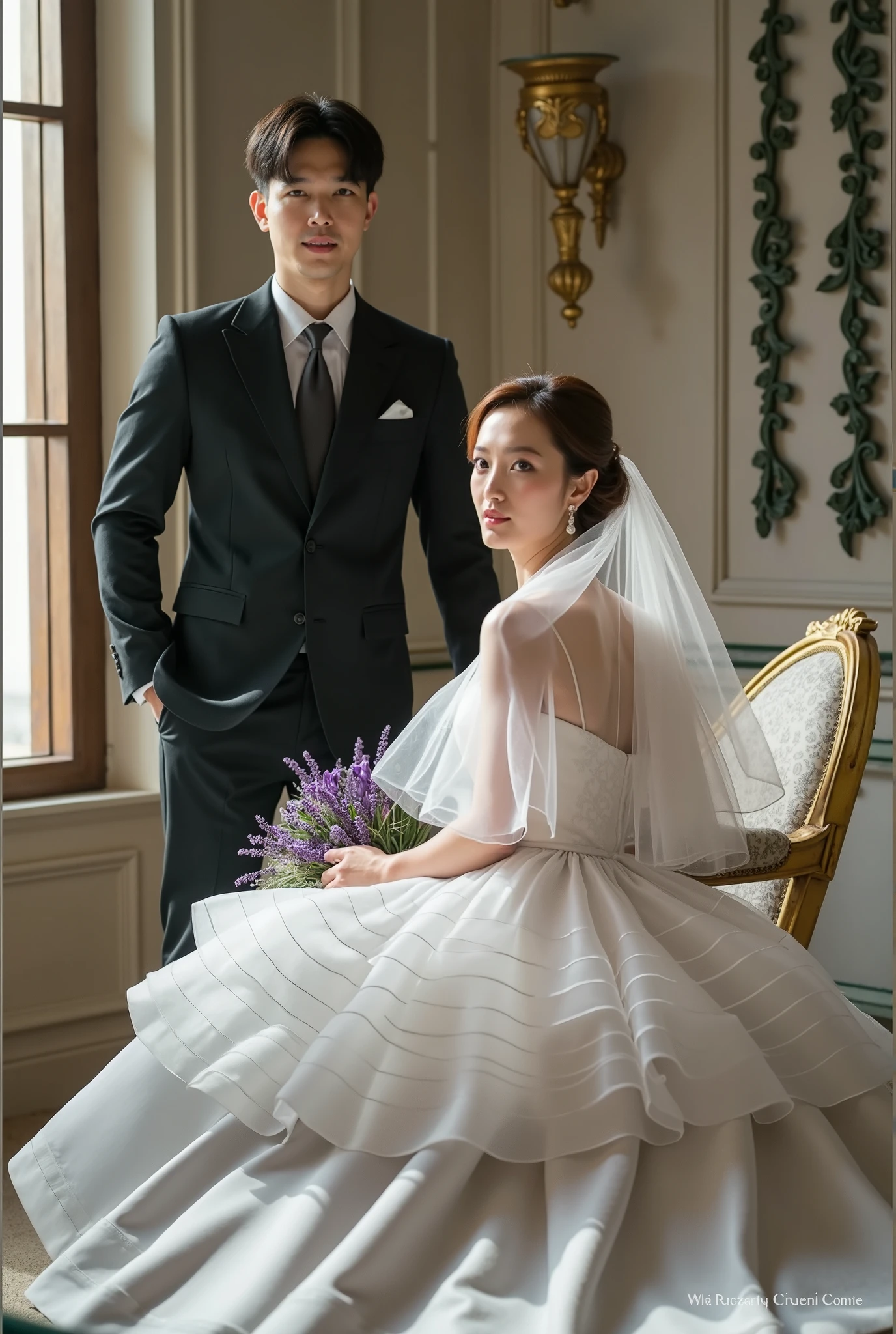 Scarlett Johansson e Chris Evans, vestidos com trajes reais deslumbrantes, depict royalty in a magnificent scene. Their clothes display a perfect combination of elegance and sophistication., while their expressions reflect the majesty of a regal couple. This is the ideal setting for SeaArt to capture the timeless beauty of royalty in a unique work of art. 8k, Scarlett rosto realista, chris rosto realista