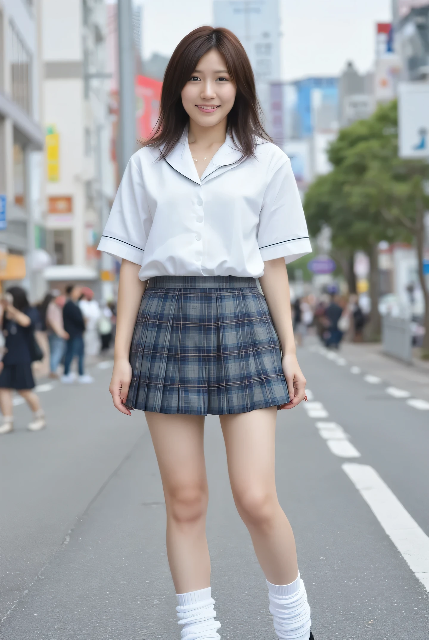 High quality, 8K, beautiful woman, shy smile, (medium short hair), (uniform: 1.3), (plain beige around waist: 1.5), (standing with hands on hips), (white collared shirt: 1.4), cleavage visible, ((white collar, no buttons, short sleeves): 1.2), ((bronze blue and gray checkered pleated mini skirt: 1.3)), (beautiful legs), ((white loose socks, black loafers)), Shibuya, Japan,