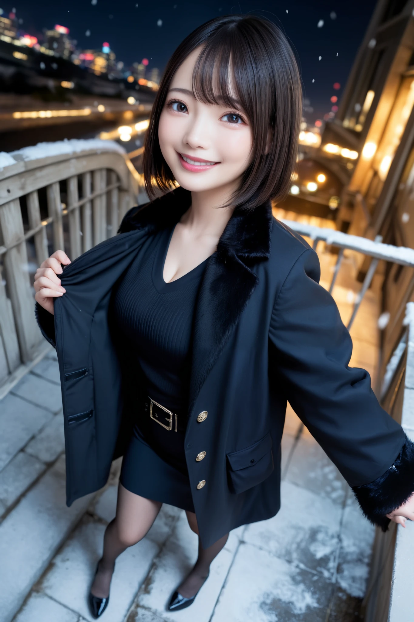 Very detailed, Detailed, Best quality, Ultra high resolution, Highest resolution, ((Wide angle, Full body photo, 20 year old Japanese woman in a long black coat))), Happy smiling face, Detailed facial expression, Detailed eye depiction, Wide open eyes, Cute double eyelids, Thick lips, Black hair, Black pupils, BREAK, A woman in a long black coat standing on a high bridge with the Tokyo night view behind her. Under the long coat she wears a black V-neck sweater, A long black skirt, The neckline of the coat is open revealing her cleavage, BREAK, A bridge railing is visible in the background, A city night view can be seen in the distance, It is snowing, Her hair is in a pigtail with bangs, She is looking at the viewer, Angle from above,