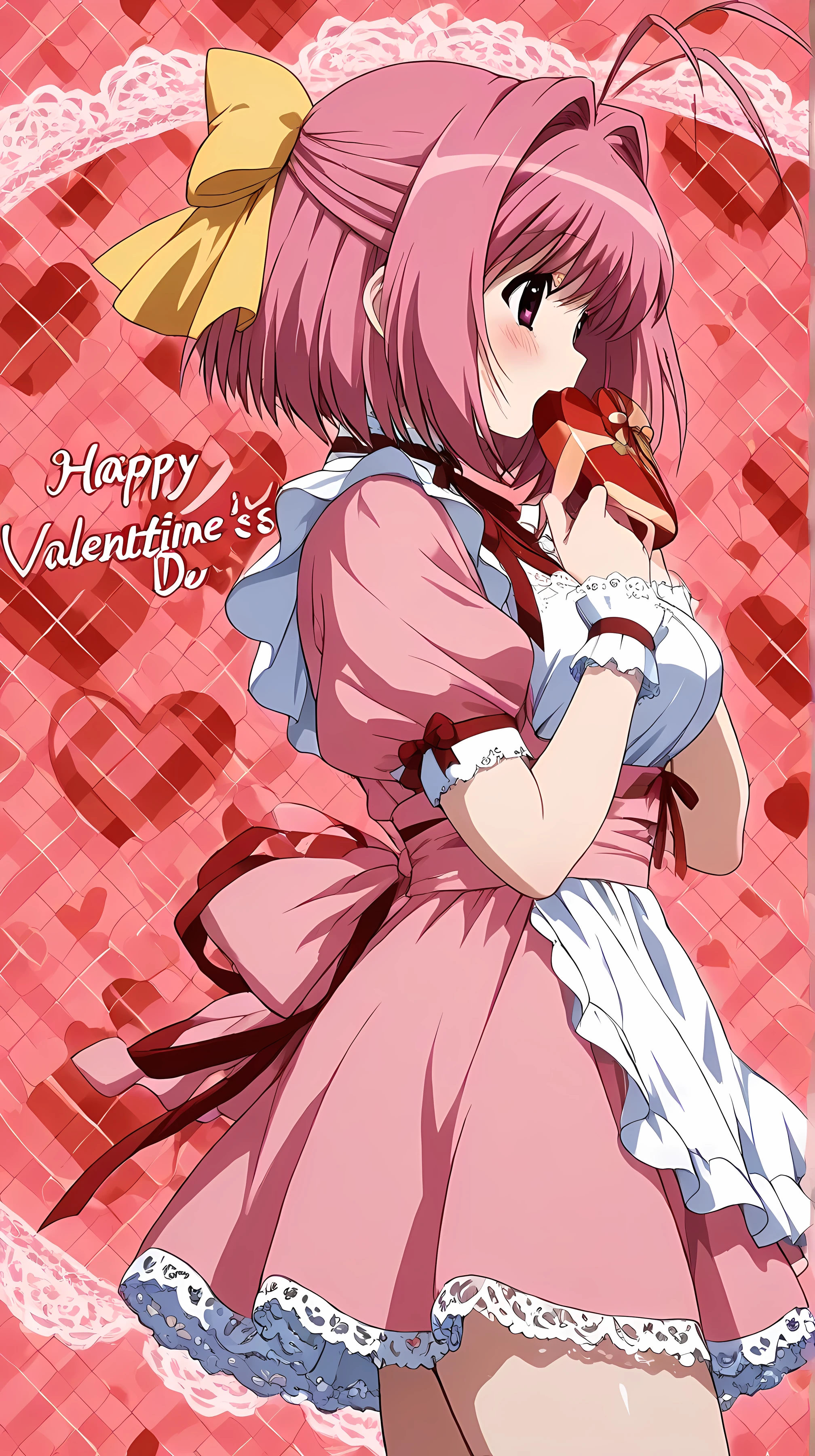 nakagawa kanon, The World God Only Knows, kanon nakagawa, short hair, pink hair, hair bow, pink eyes, antenna hair, (anime), valentine, Alone, Beautiful Thighs, from side, Turn around here, yellow ribbon, cowboy shot, maid clothes, clavicle, white lace pattern background, heart, happy Valentine, It says "happy Valentine"