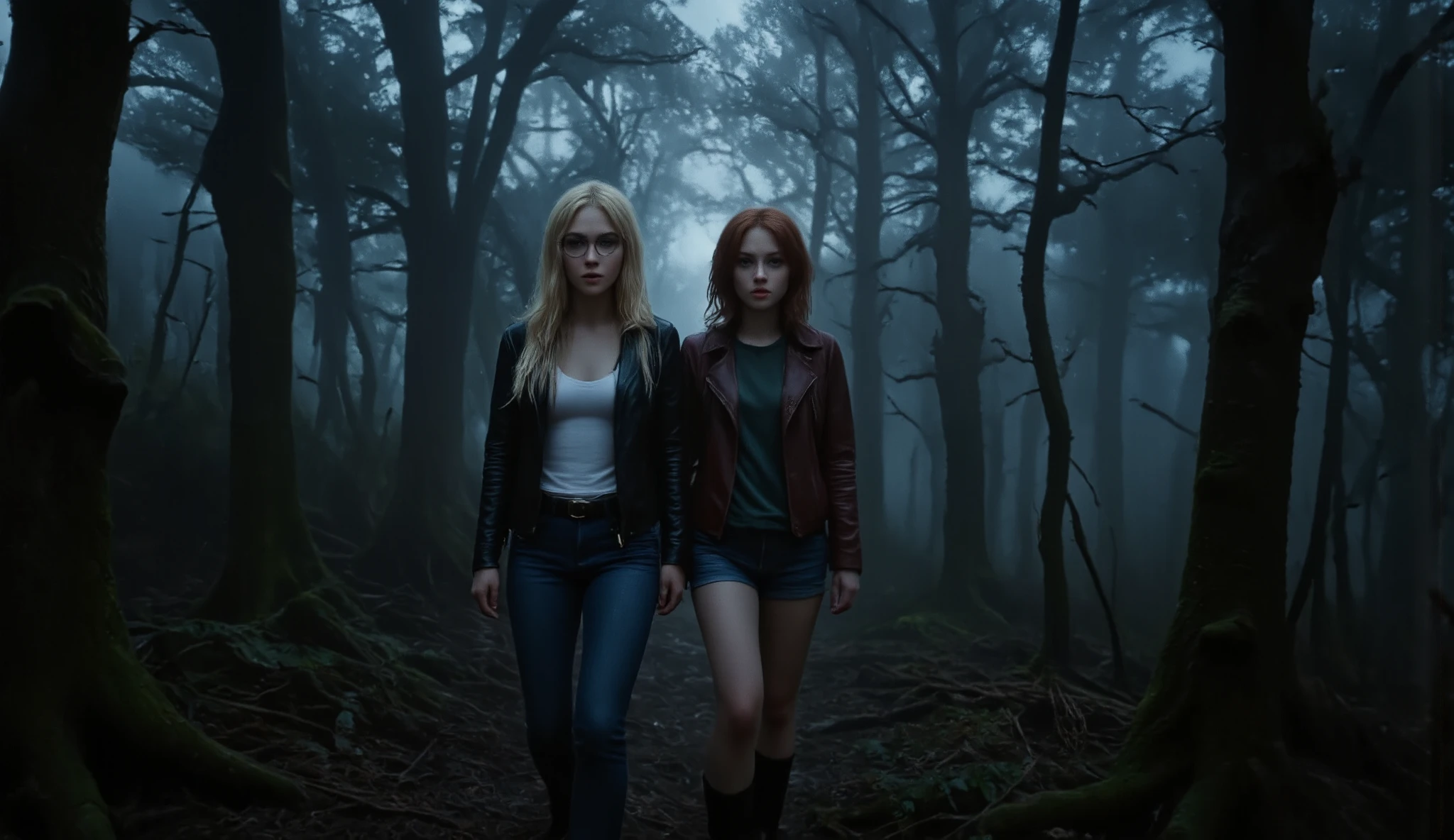 A dense and ominous forest, cloaked in thick mist. Towering ancient trees stretch skyward, their twisted branches forming a suffocating canopy. The air is damp and heavy, carrying the faint scent of moss and decaying leaves. Moonlight barely seeps through the foliage, casting eerie, flickering shadows. The atmosphere is tense—distant rustling in the undergrowth and the occasional hoot of an unseen owl hint at an ominous presence lurking beyond sight.
The camera is positioned in a close-up, frontal shot (4K), capturing the faces of two young girls walking side by side through the dark forest. Their expressions are tense, eyes scanning the surroundings, lips slightly parted as if holding their breath. The dim, cold light accentuates the details of their features, revealing the subtle tremble in their movements as they advance cautiously.
Sarah () is slender, with fair skin and long, straight platinum blonde hair cascading over her shoulders. Her thin, clear-lens glasses reflect the faint moonlight. Dressed in a white shirt, blue denim jeans, a black leather jacket, and sturdy black boots, she looks both determined and fearful. Her eyes, wide with unease, dart from side to side, her breath visible in the cold night air.
Nice () walks beside Sarah, slightly shorter, with golden-toned skin and short, fiery red hair that frames her sharp features. She wears a dark green shirt, rugged blue denim shorts, a deep burgundy leather jacket, and black boots. Her lips are pressed into a thin line, her dark eyes flickering with a mix of curiosity and tension. She leans slightly forward, as if bracing for the unknown.
The shot keeps both girls in focus, their faces filling most of the frame while the eerie forest blurs slightly behind them. The mist curls around their bodies, swirling at their feet as they move cautiously forward. The chilling silence, broken only by distant sounds, heightens the tension, evoking the atmosphere of a horror film.