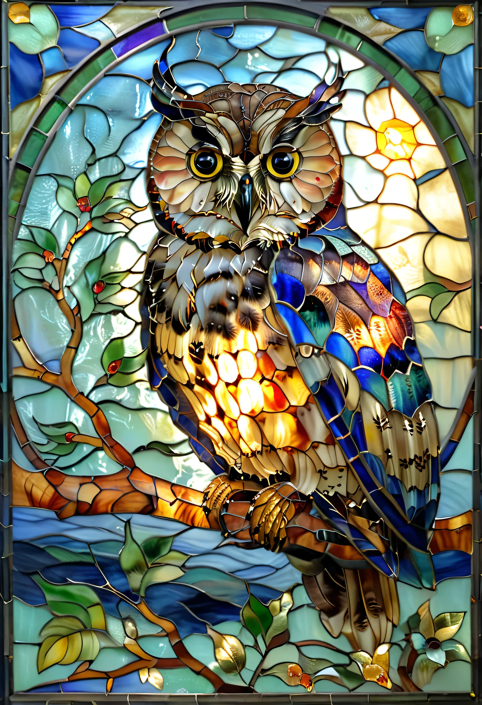 a close up of a stained glass window with an owl on a tree branch, a mosaic inspired by Louis Comfort Tiffany, trending on cg society, art nouveau, stained glass art, radiant owl, golden twilight stained glass, stained glass style, on a stained glass window, maxim verehin stained glass, glowing owl, stained glass!!, stained glass, glowing stained glass backdrop