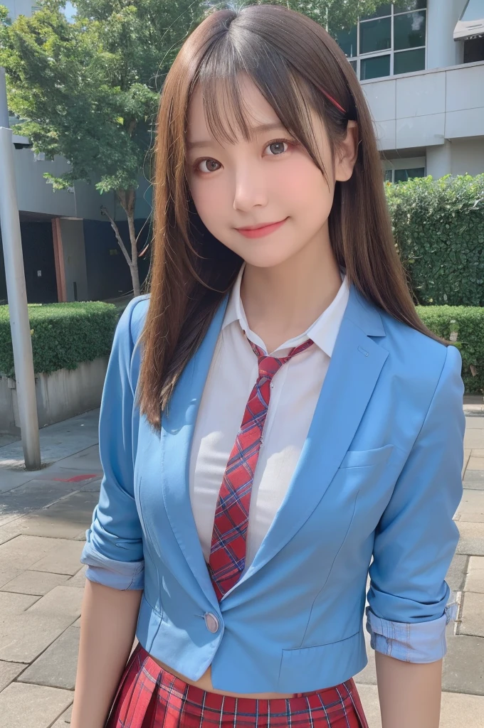pieces fly、masterpiece、highest quality、Super detailed、High resolution、High resolution、8K portrait、unity 8k wallpaper、Detailed CG、unity 8k wallpaper、Detailed CGユニティ8kの壁紙、realistic、real person、portrait photography、shiny skin、(26 years old)、High resolution、beautiful clear eyes、very detailed explanation、delicate face、nice lips、thin waist、thin legs、1 girl、(school uniform:1.4)、(pleated skirt:1.2)、(dark blue blazer:1.2)、(small breasts:1.2)、(smile:1.2)、(garden:1.2)