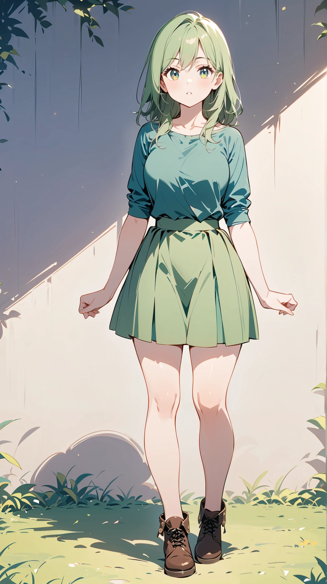 1 girl, Full Body Portrait, Green long hair , green eyes, stands,Green top, green skirt with bow ,Ankle boots,plain and unadorned , show your legs , show your arms,Mature charm, cute,Strong