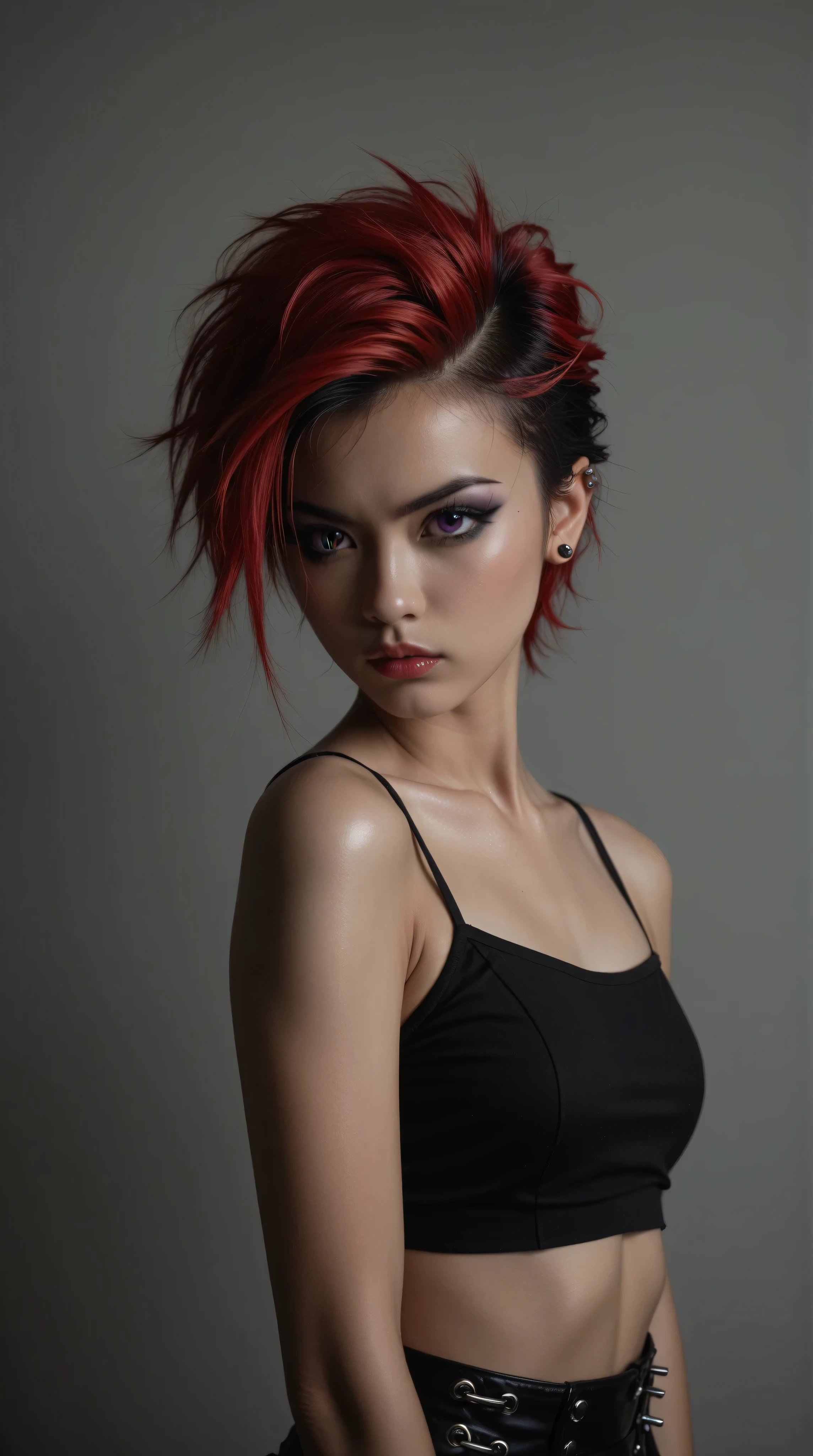 realistic, young asian goth girl, snapshot aesthetic, light black, blacks, reds, and whites, chinapunk, slender, karencore, high details, realsitic shadow, in motion, film still, kizi, clean background, black background, white background, red hair, purple eyes, annoyed, heavy makeup, shiny skin, 80s, retro, punk,