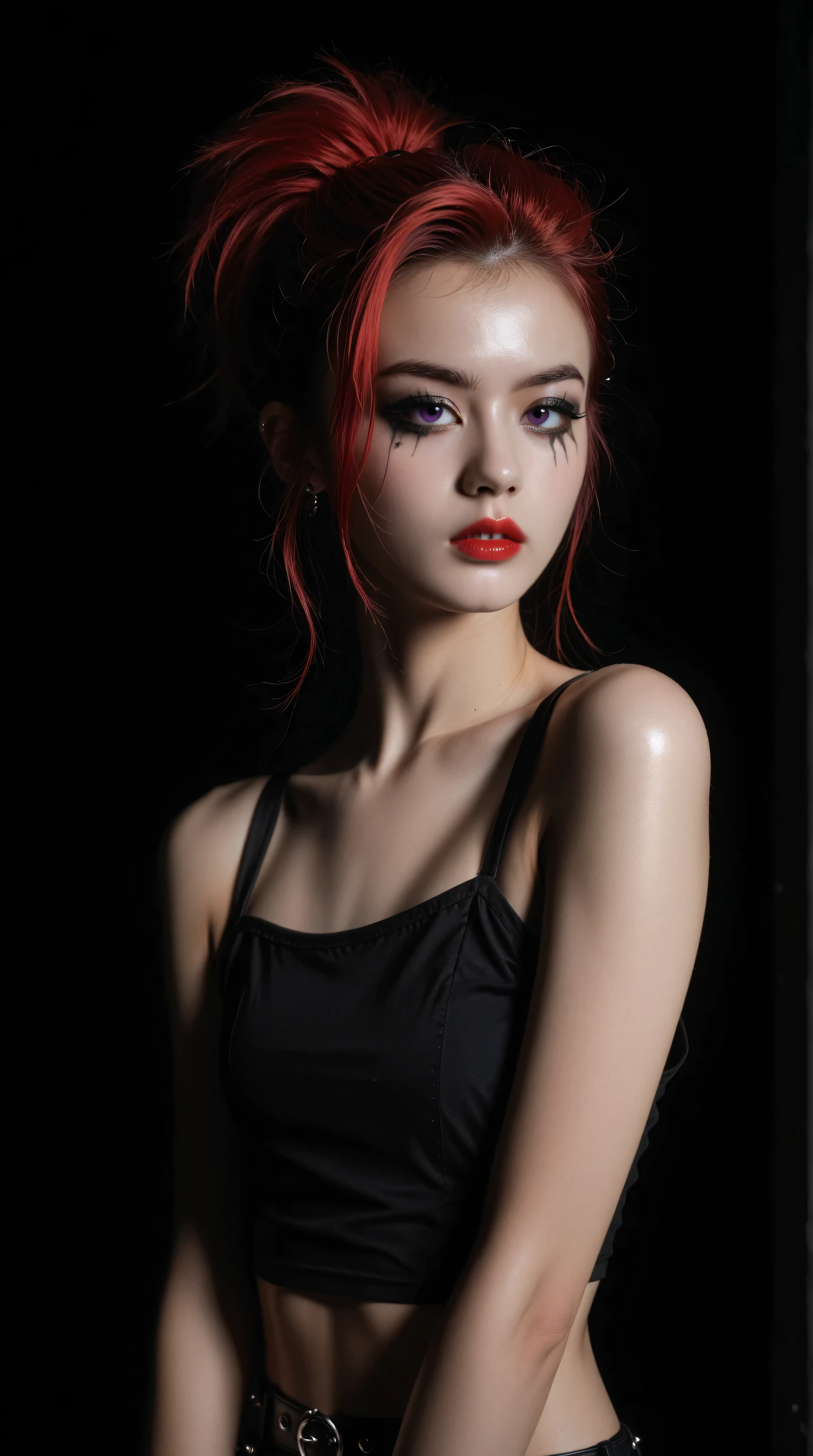 realistic, young korean goth girl, snapshot aesthetic, light black, blacks, reds, and whites, chinapunk, slender, karencore, high details, realsitic shadow, in motion, film still, kizi, clean background, black background, white background, red hair, purple eyes, annoyed, heavy makeup, shiny skin, 80s, retro, punk, 